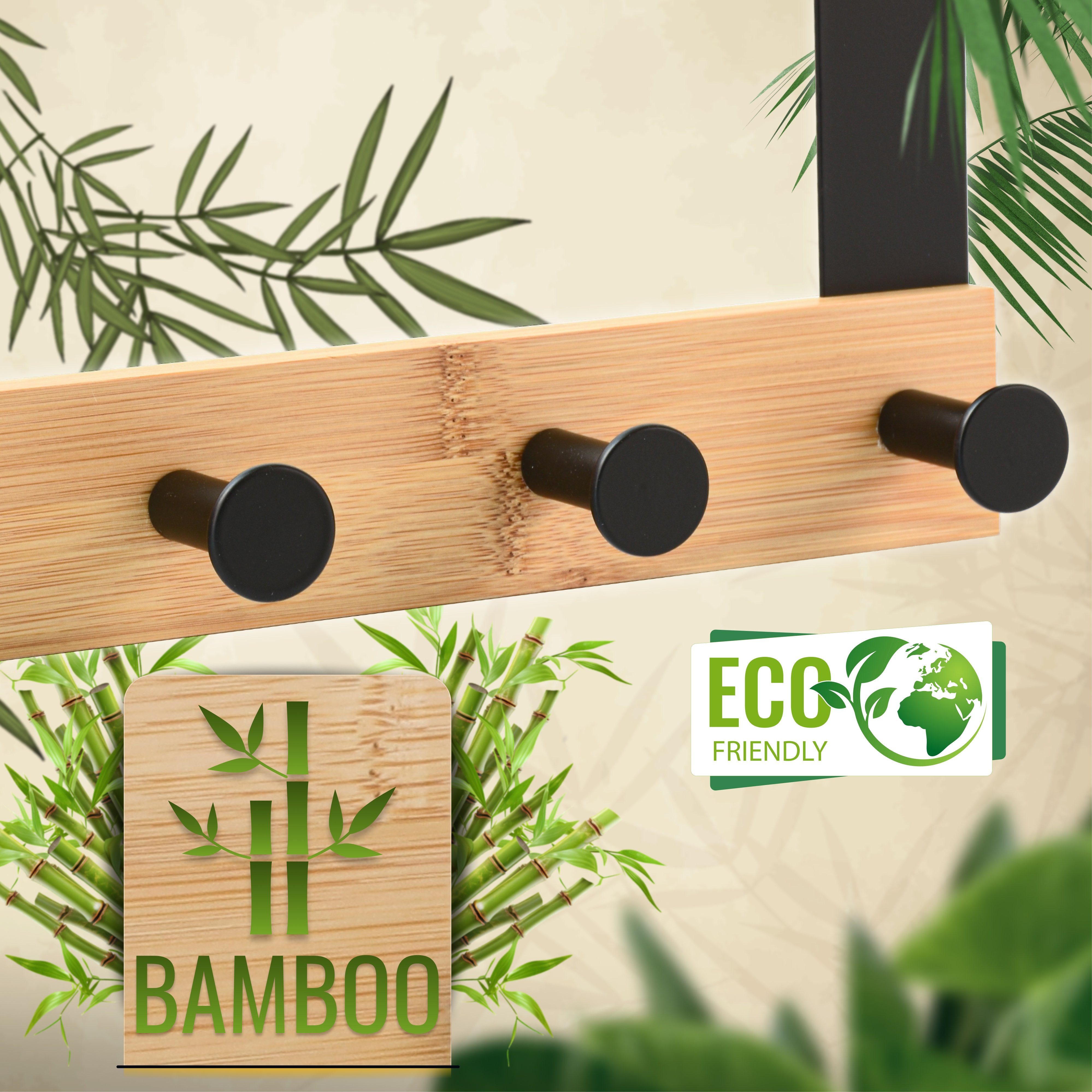 RICOO Garderobenleiste Tür Hakenleiste Hängegarderobe Türhakenleiste aus Bambus Stahl 5 Haken (1-er Set / 1 Stk. / MH029N-5, 1 St., Türgarderobe Garderobenhaken Tür Hakenleiste Platzsparende Garderobe), Garderobe ohne Bohren Kleiderhaken Tür bis max 23mm Türbreite