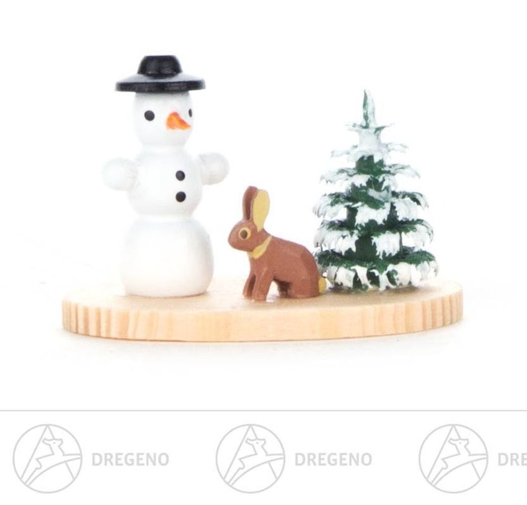Dregeno Erzgebirge Schneemann Weihnachtliche Miniatur Schneemann und Hase Breite x Höhe x Tiefe 3, mit Zylinder und Schneebäumchen