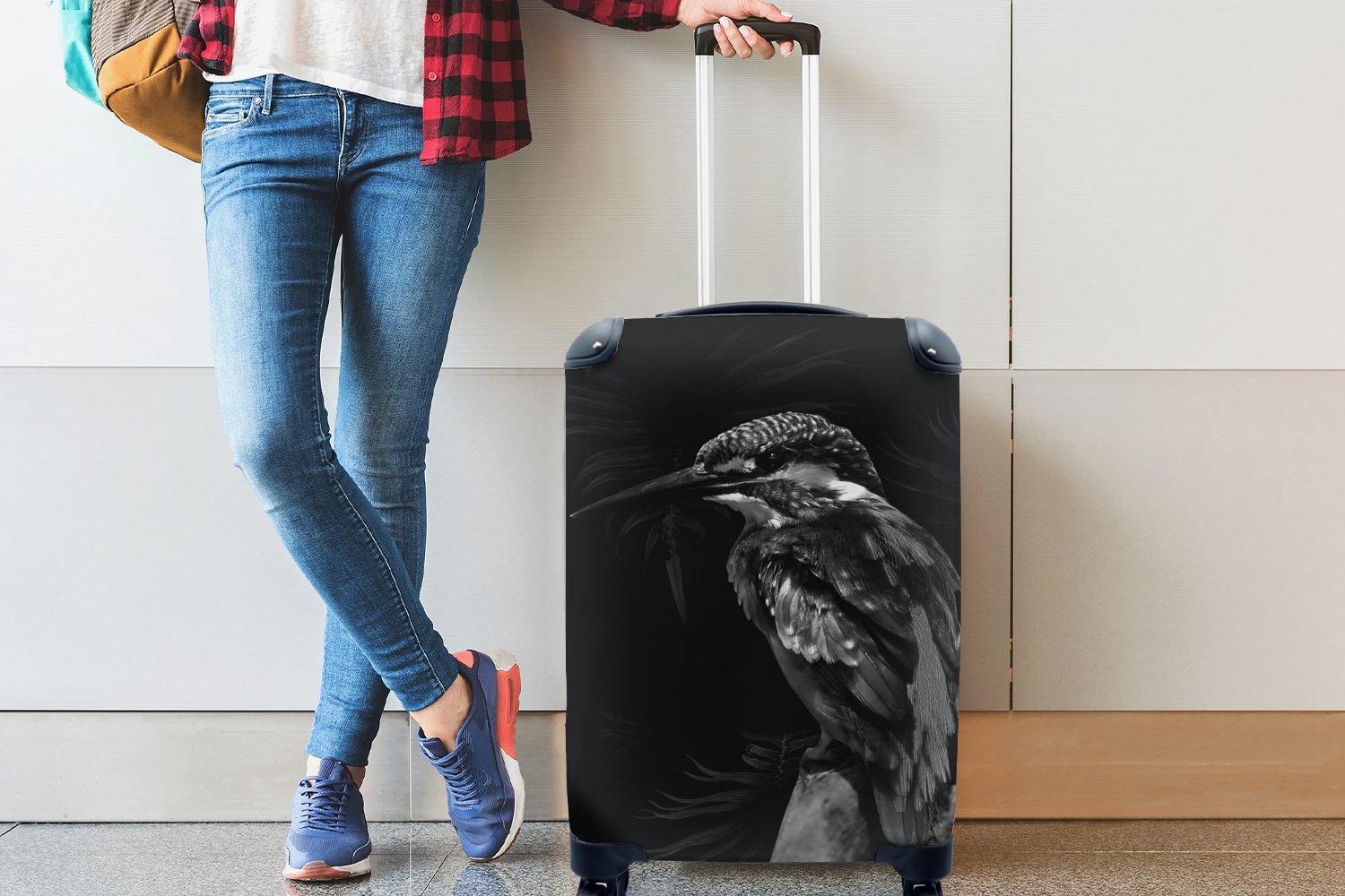 MuchoWow Handgepäckkoffer Vogel vor schwarzem Ferien, mit Reisekoffer Rollen, und 4 weiß, - schwarz auf rollen, Reisetasche Zweig Hintergrund einem Handgepäck Trolley, für