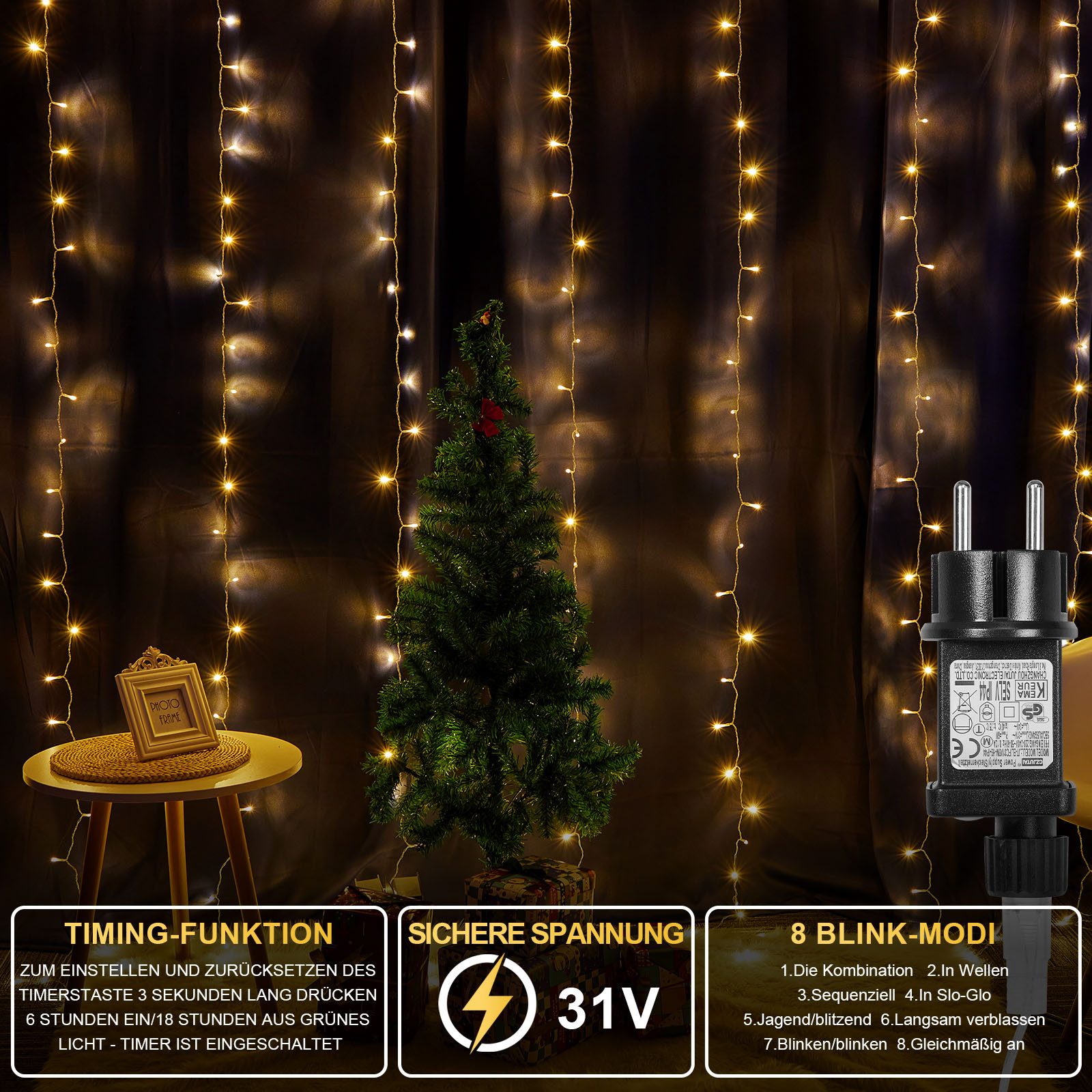Rosnek LED-Lichterkette 3x3M, 10 Stränge, Speicherfunktion, Timer, für Vorhang Fenster Deko, 300-flammig, 8 Modi, Timer, für Schlafzimmer Weihnachten Terrasse