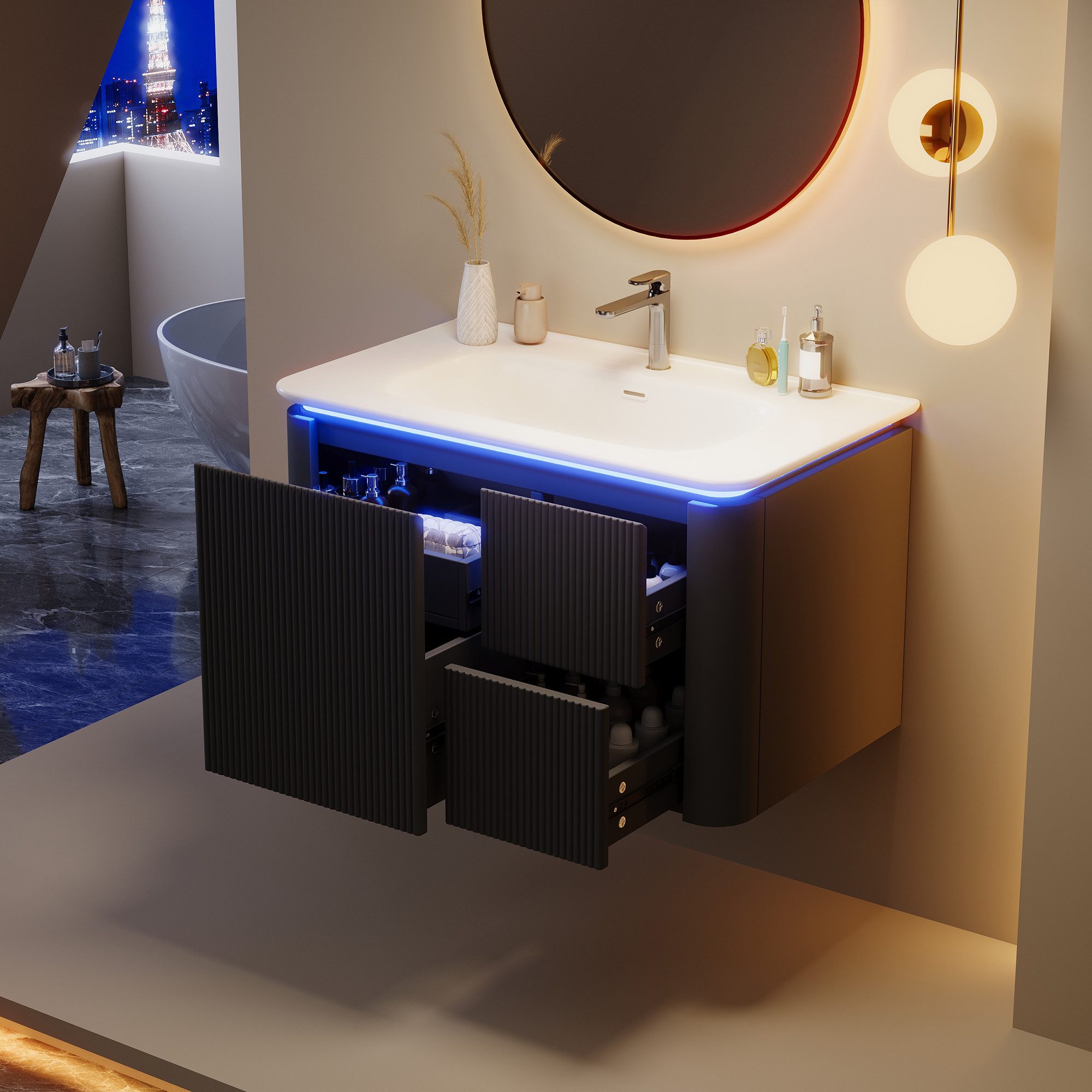 Flieks Waschtisch LED-Radarsensor Waschbeckenunterschrank inkl. Waschbecken (wandhängend, Badschrank mit Led-Beleuchtung Waschplatz Badzimmer, 1-St., B80,5xT47,5/H51 cm), Badmöbel-Set Badzimmerschrank mit 4 Schubladen Volllackierung Schwarz