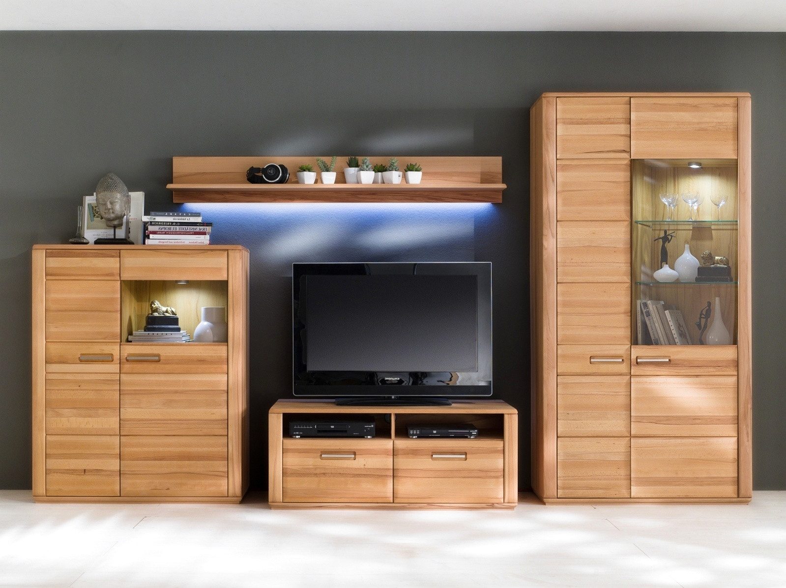 Empinio24 Wohnwand Sanremo, (Spar-Set, 4-St., bestehend aus: Highboard, TV-Lowboard, Wandboard, Vitrinenschrank), Gesamtbreite 357 cm, Kernbuche teilmassiv