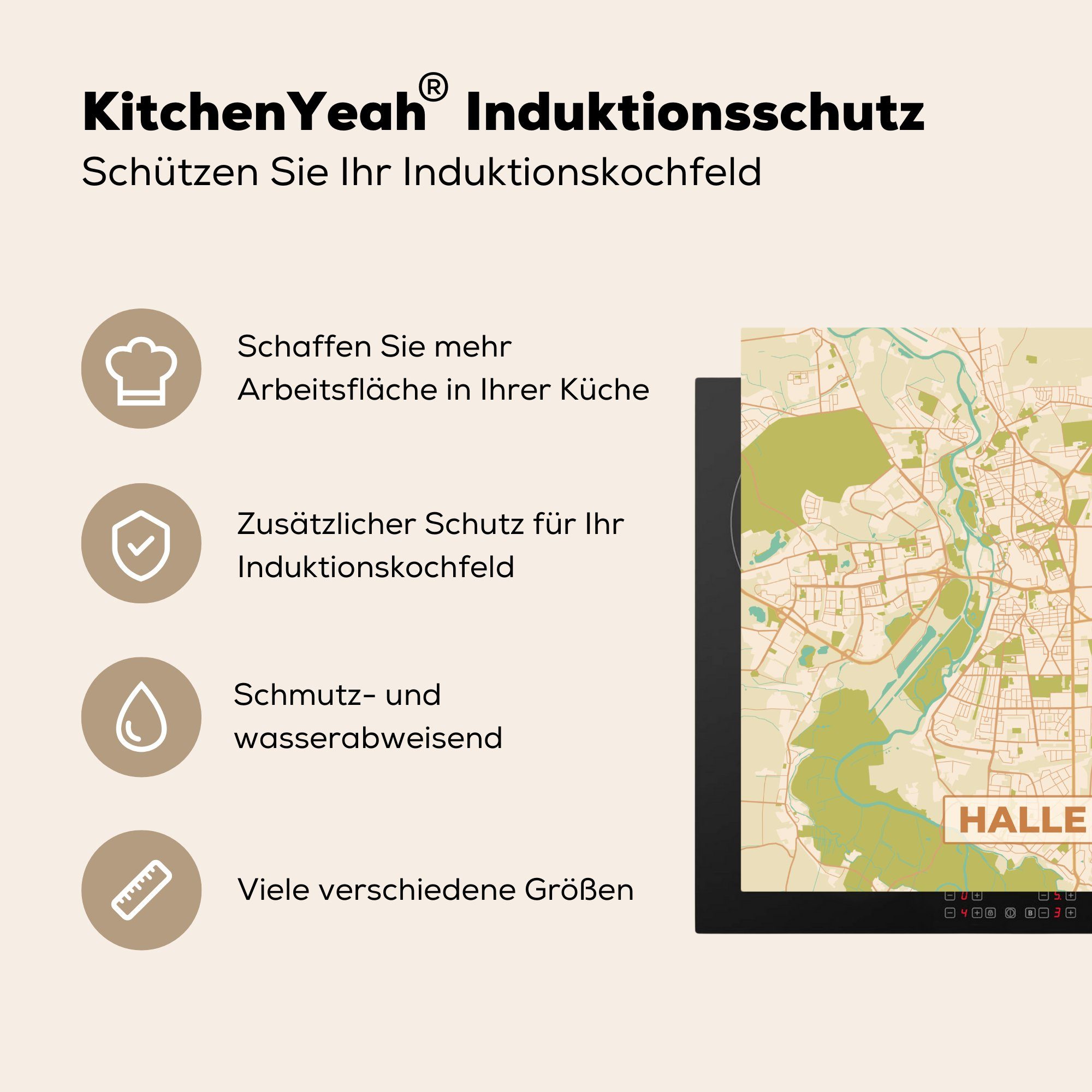 MuchoWow Vinyl, cm, tlg), Karte, Arbeitsplatte - Jahrgang Halle - - Karte Ceranfeldabdeckung, küche für 78x78 Herdblende-/Abdeckplatte (1