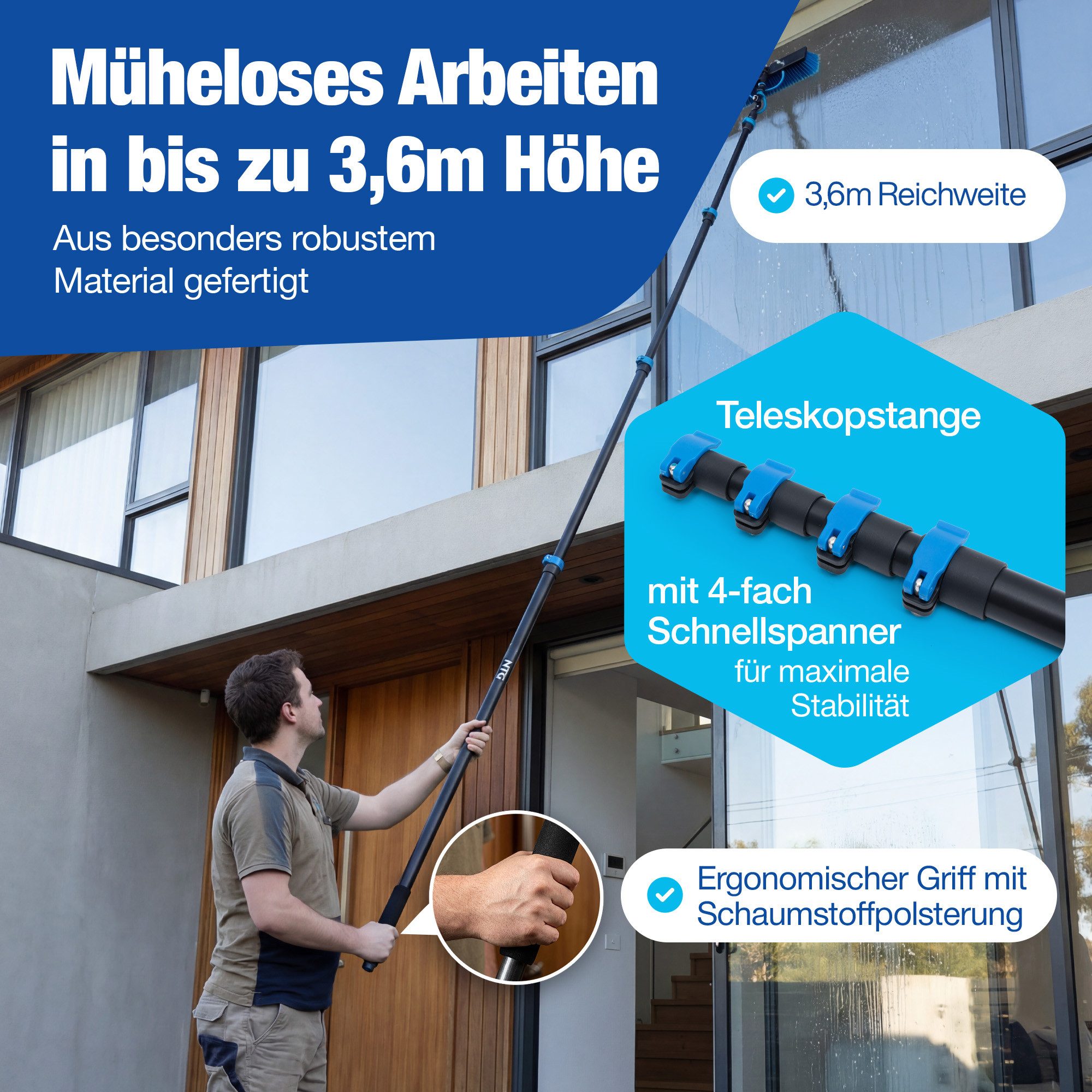 NTG Nutzfahrzeug Technik GmbH Reinigungsbürste Teleskopwaschbürste Innovation mit Zugventil bis zu 7m, Auto, Solar, PV, Camper, (3-in-1 Bürstenkopf), Für Fenster, Solar und Fahrzeuge