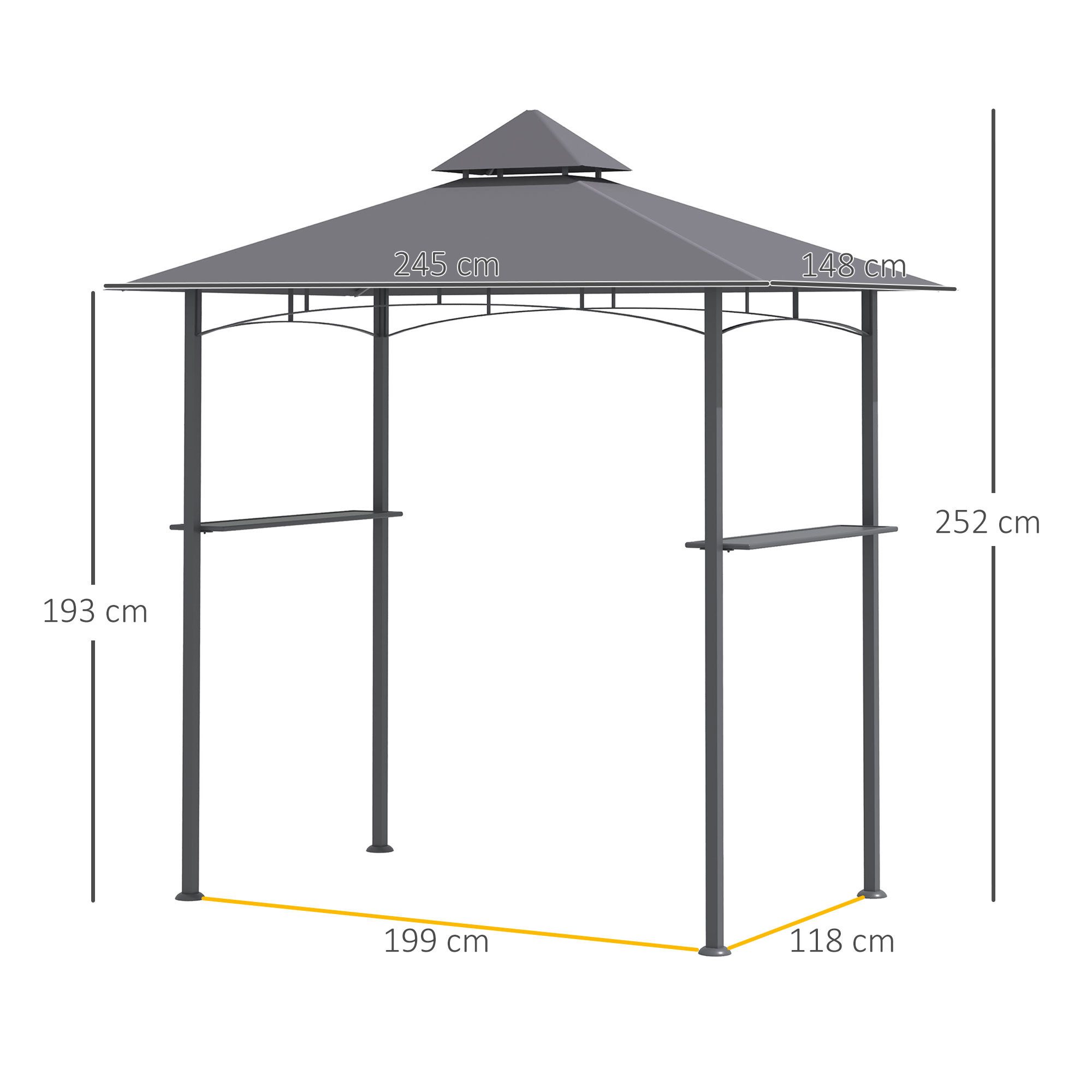 Outsunny Grillpavillon Balkonpavillon mit Ablagen Flammhemmendes Doppeldach, mit 4 Seitenteilen, (Gartenzelt, Grillpavillon), für Garten, Balkon, Grau