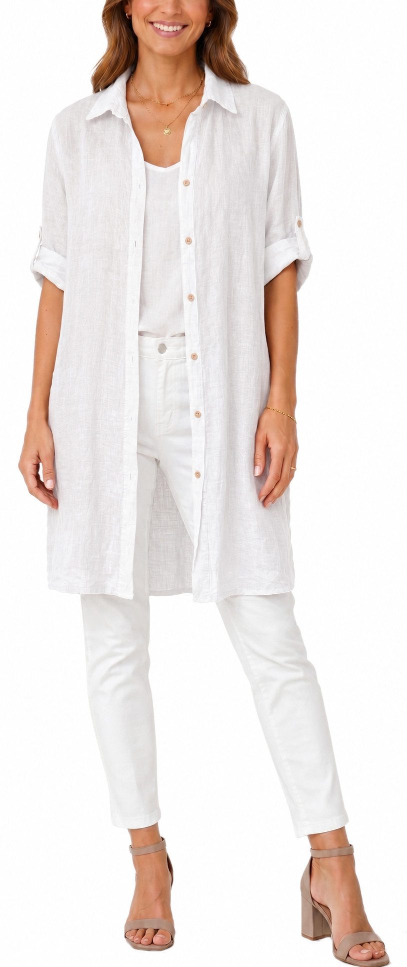 dy_mode Longbluse Damen Leinen Longbluse Sommer Hemdbluse Blusenkleid Luftige Tunika in Unifarbe, mit Knopfleiste