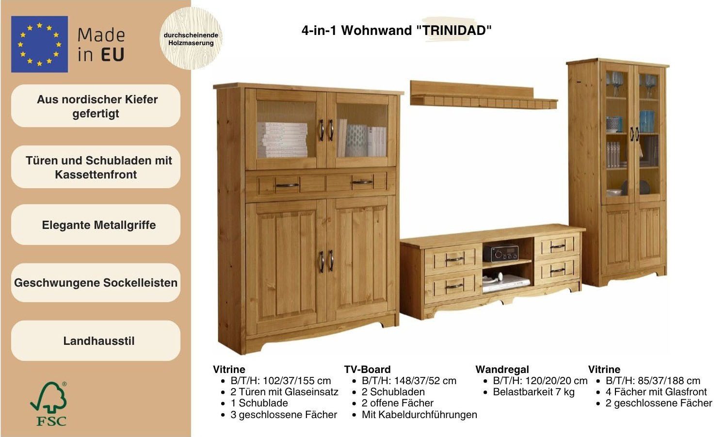 OTTO home Wohnwand Trinidad, (Set, 4-St), Set aus 1 Vitrine, 1 Lowboard, 1 Highboard, 1 Wandboard