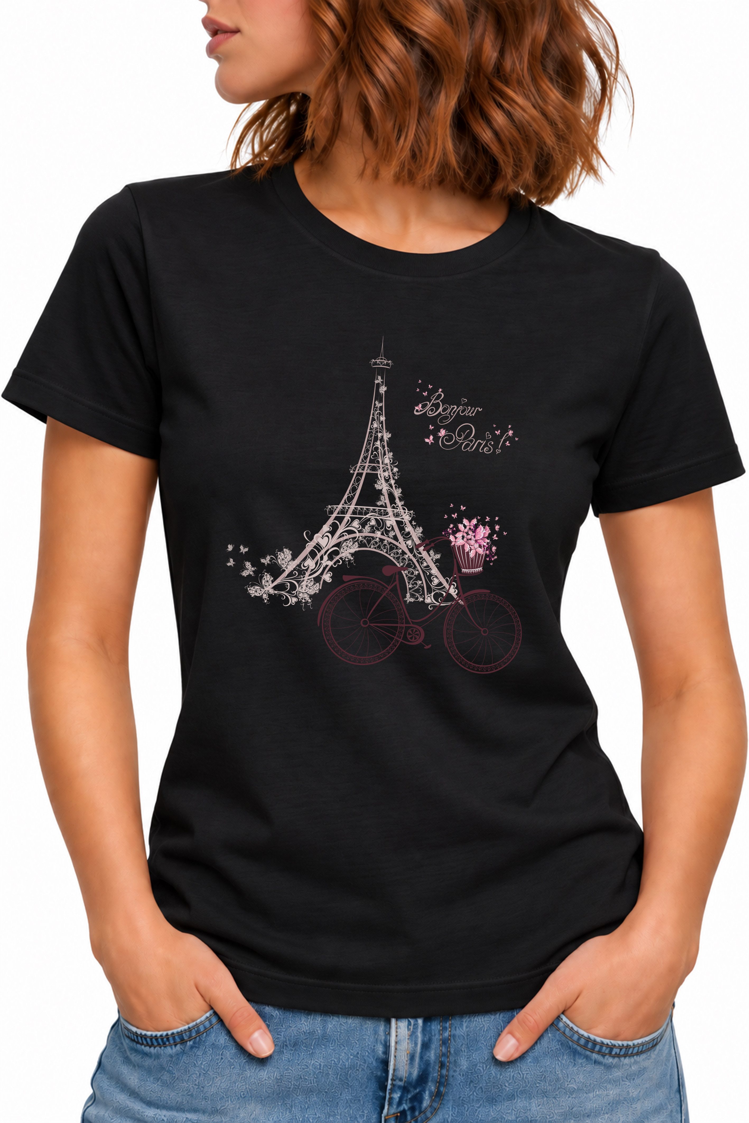 Banco T-Shirt Damen Paris Eiffelturm Fahrrad Print Vintage Kurzarm Rundhals Paris-Frontprint mit Eiffelturm und Fahrrad im romantischen Look