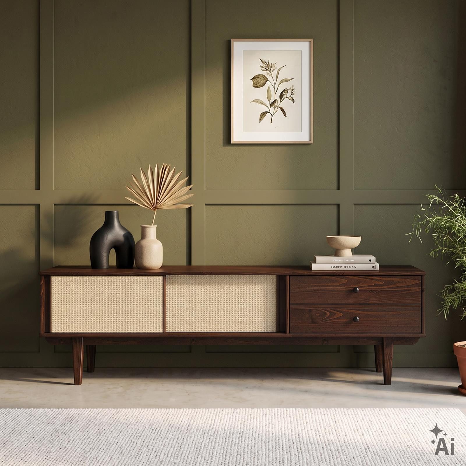 IDIMEX Lowboard SIMONA, TV Schrank 175 cm Massivholz Rattan Schiebetür Nussbaum Finish