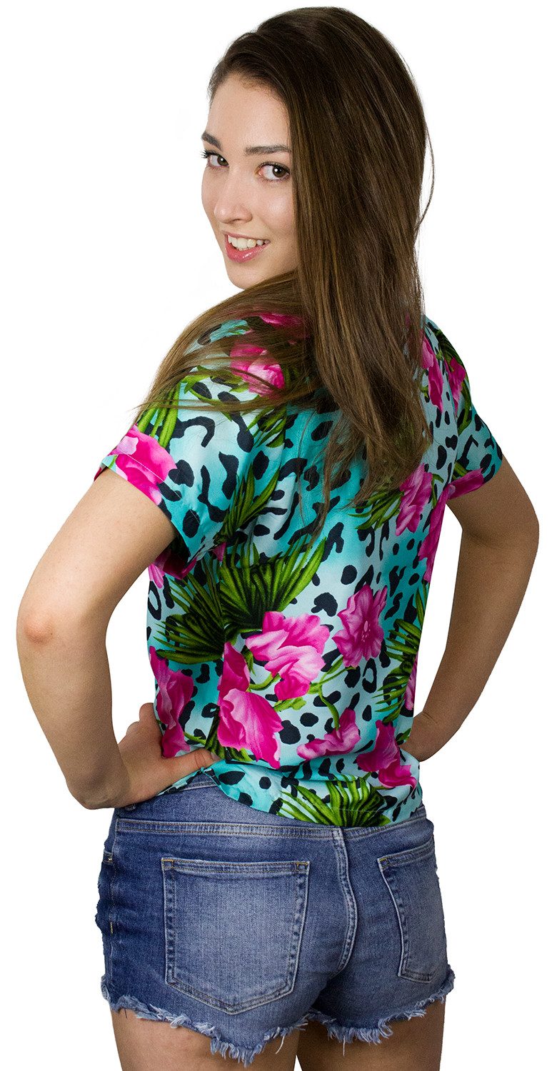 King Kameha Hawaiihemd Leopard Flowers Funky Hawaiibluse Damen Kurzarm Front-Tasche Stylish – Bild 2 von 5