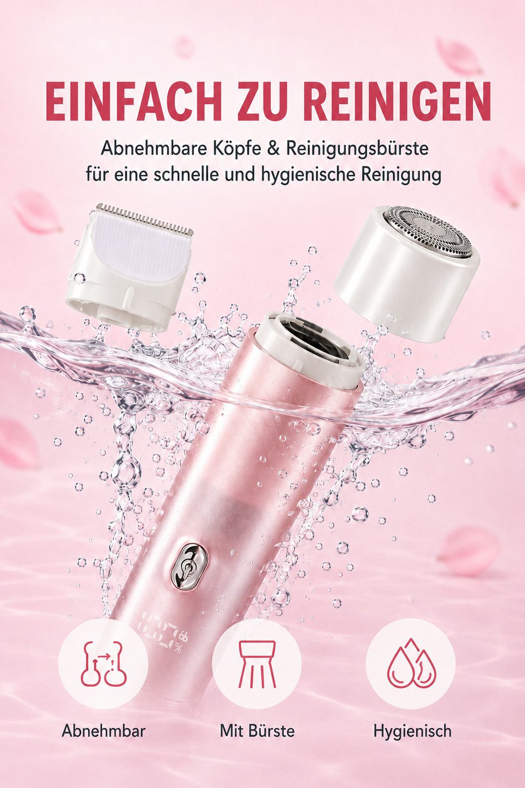 Luckice Elektrokörperrasierer Elektrischer Bikinitrimmer, 2-in-1 Damenrasierer mit 2 Scherköpfen, Aufsätze: 5, Trimmer + Folienrasierer, USB-C, LED-Akkuanzeige, – Bild 5 von 5