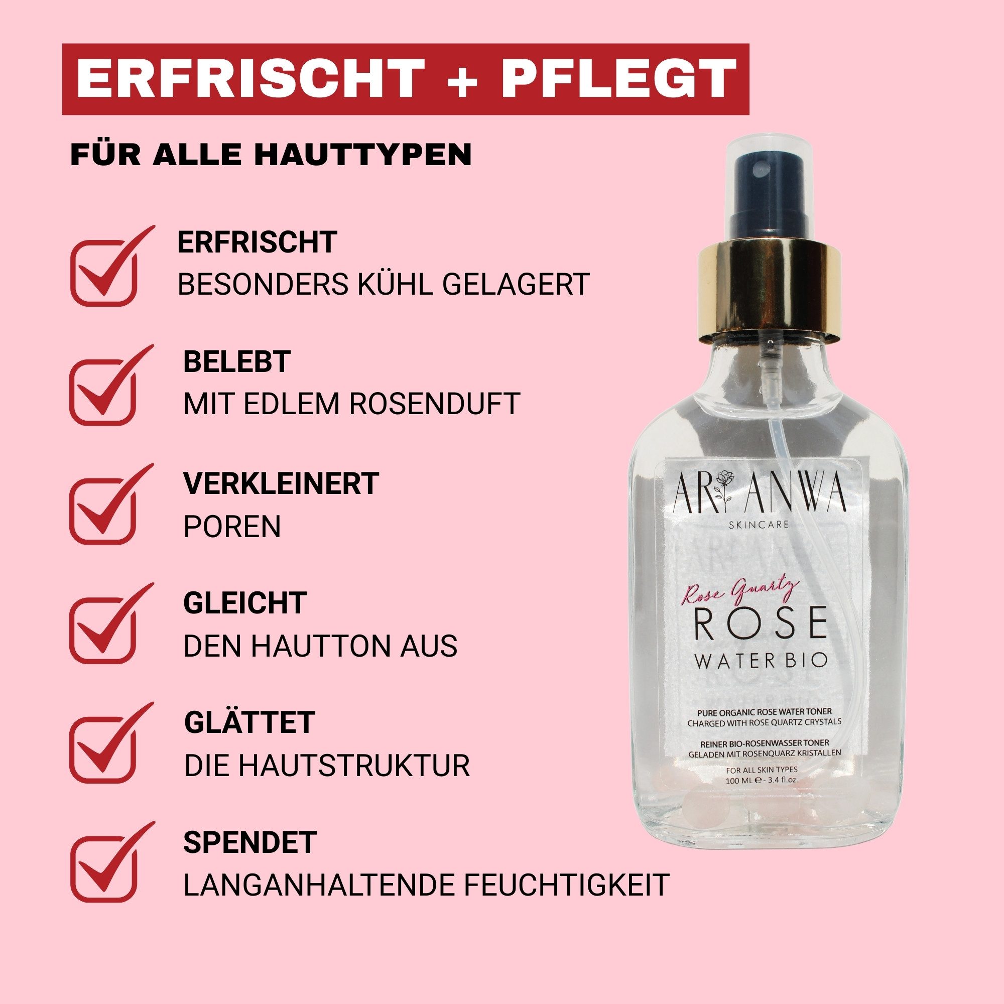 ARI ANWA Skincare Gesichtswasser Bio Rosenwasser Spray mit Rosenquarz, Gesichts- und Körperspray, Natürlich, bio, vegan, tierversuchsfrei, frei von Alkohol