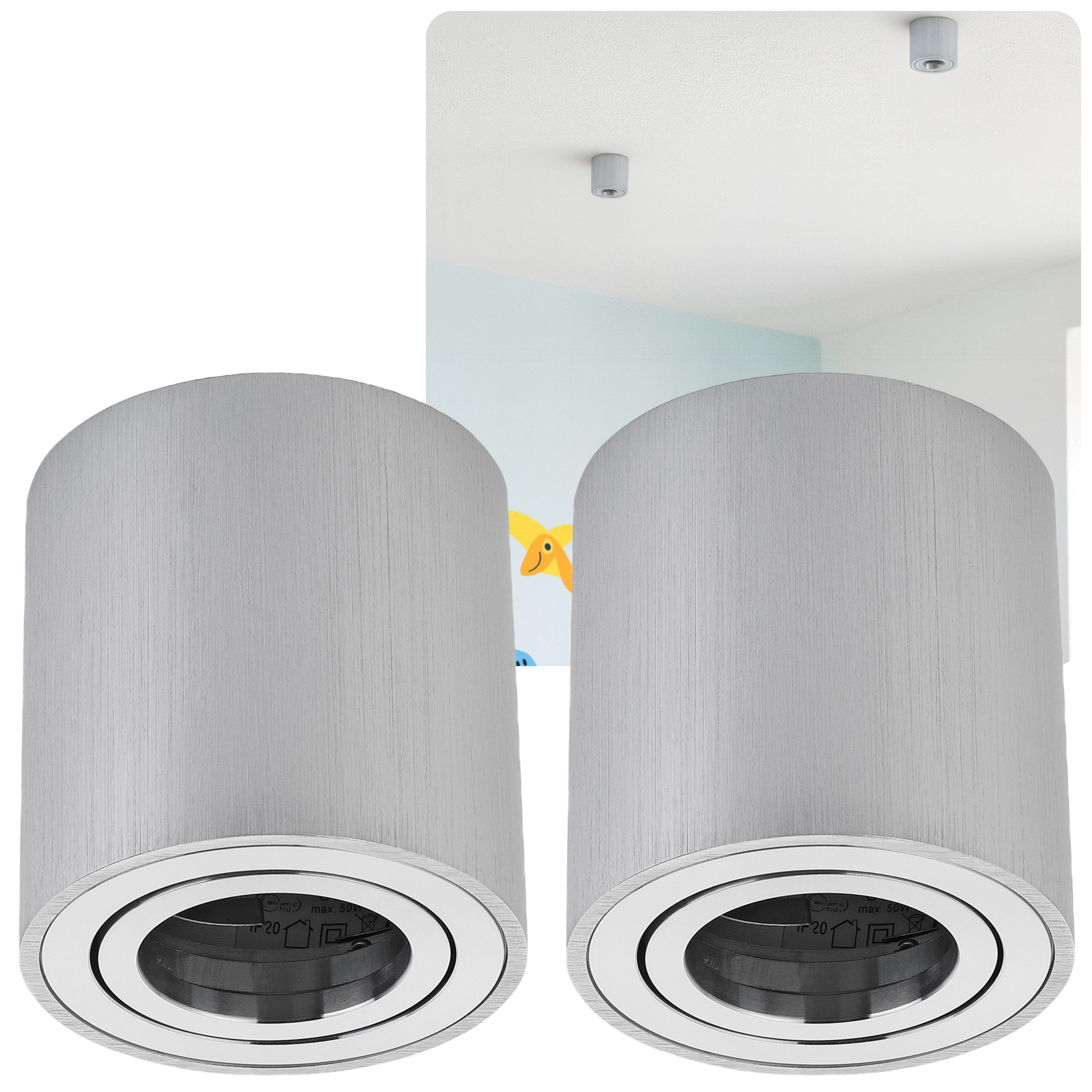 Sweet LED Aufbauleuchte 2er Set GU10 Deckenspots rund & schwenkbar Alu-gebürstet 230V, ohne Leuchtmittel, Aufbaustrahler LED, Aufbauspot, Deckenstrahler