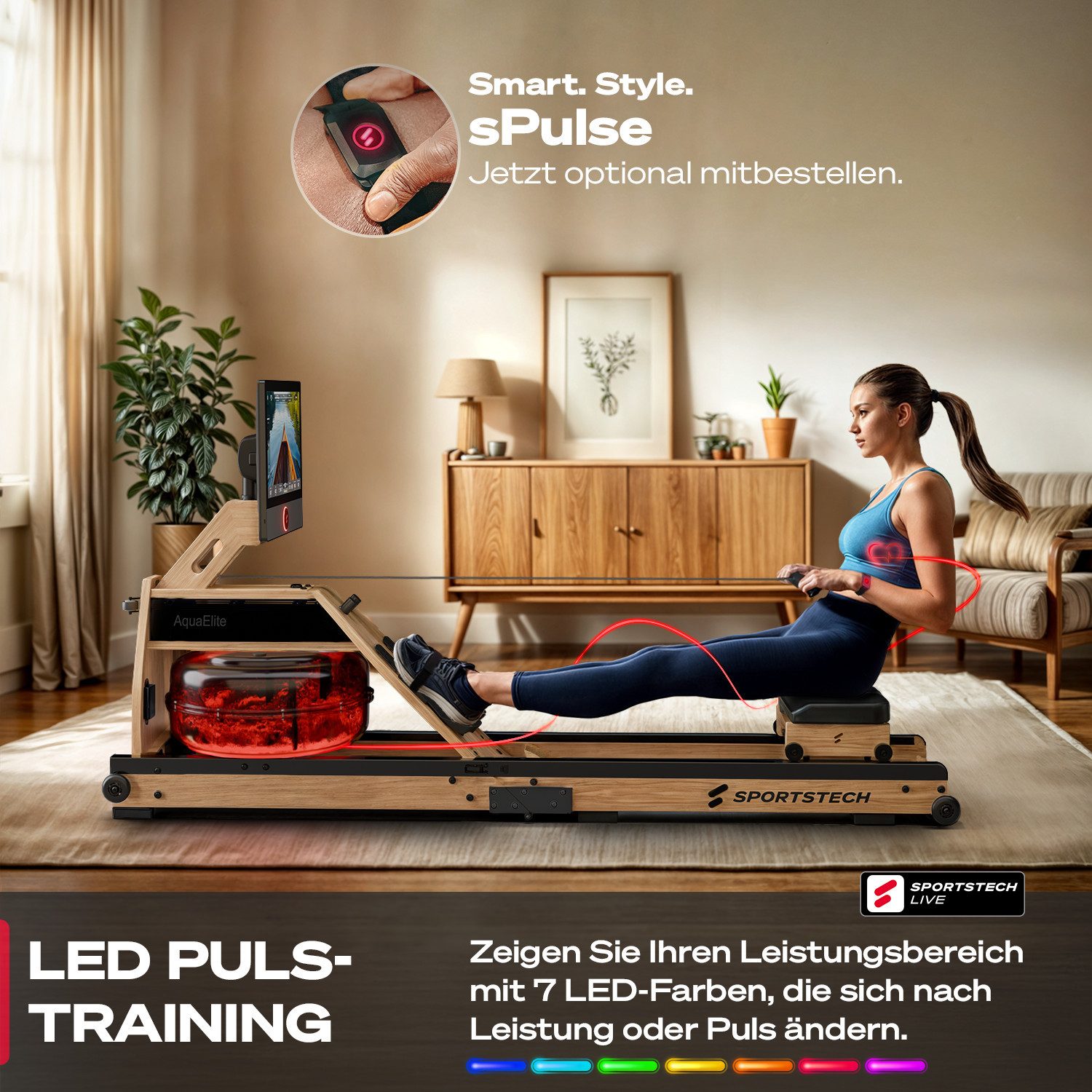 Sportstech Rudergerät AquaElite Wasserrudergerät, LED, App-Konnektivität, klappbar, 21,5" HD-Display