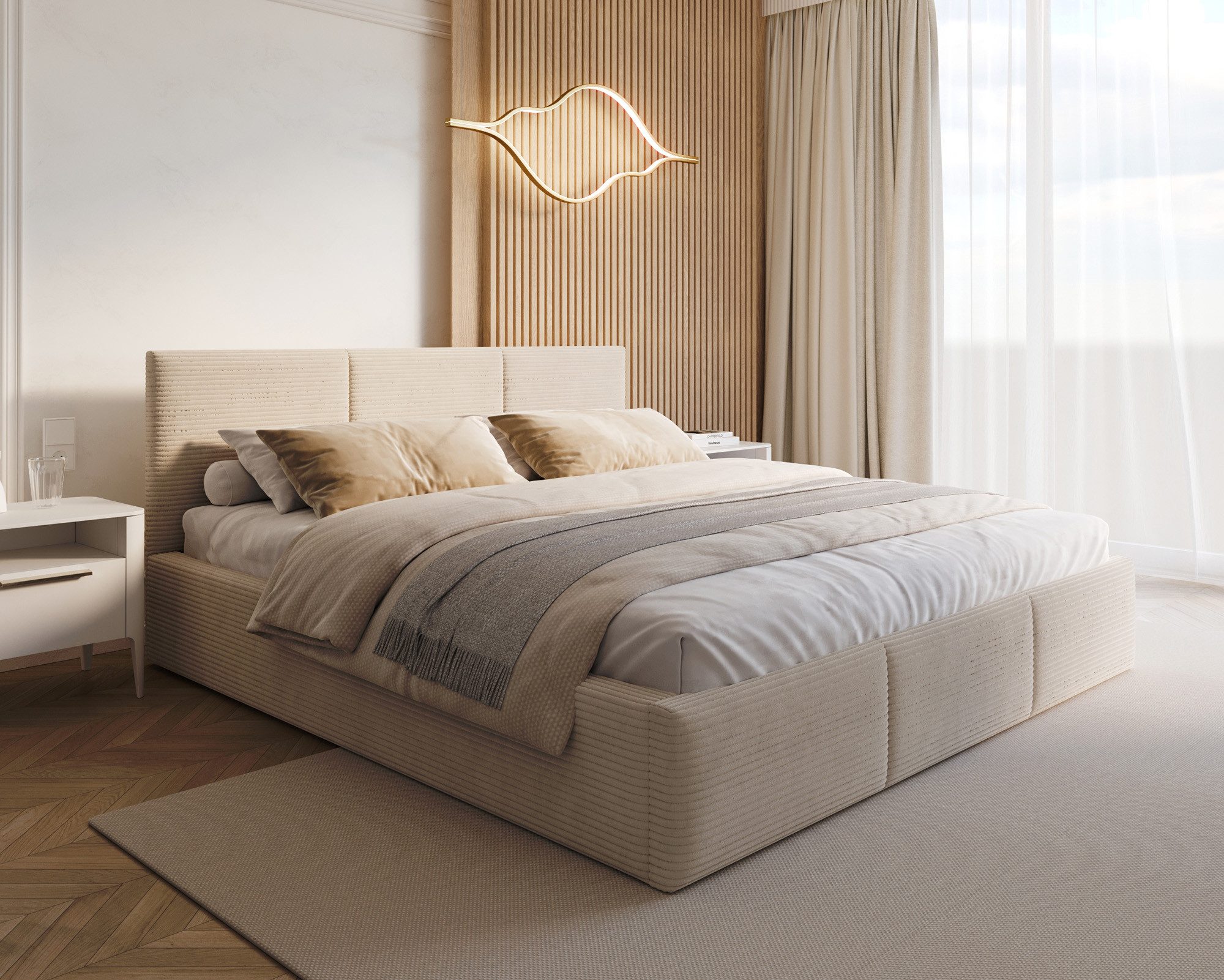 thematys Polsterbett mit Bettkasten & Lattenrost – Stauraumbett Cord 120x200–180x200 (Optional mit 28 cm H3/H4 Taschenfederkern oder 23 cm Taschenfederkern-Matratze H2)