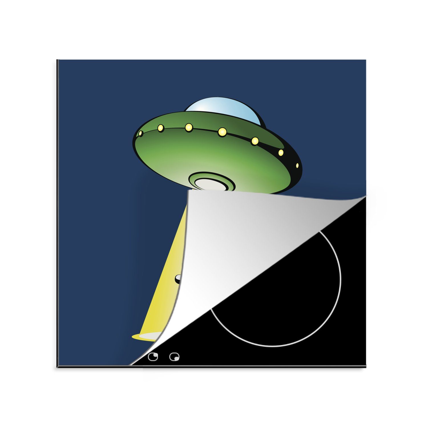 MuchoWow Herdblende-/Abdeckplatte Eine Illustration eines UFOs, das eine Person inspiziert - Jungen -, Vinyl, (1 tlg), 78x78 cm, Ceranfeldabdeckung, Arbeitsplatte für küche
