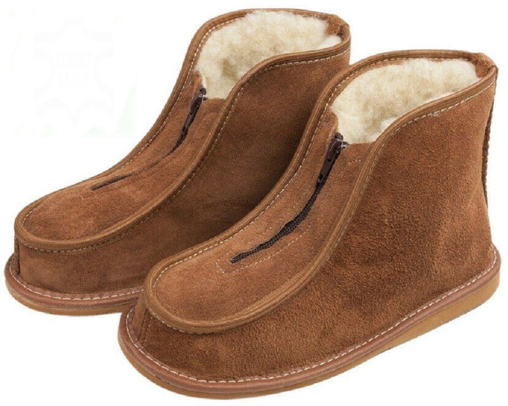 em-ka Damen Herren Leder Winter warme Hausschuhe Hüttenschuhe Schafwolle Hausschuh Naturprodukt Hausstiefel Lamwolle