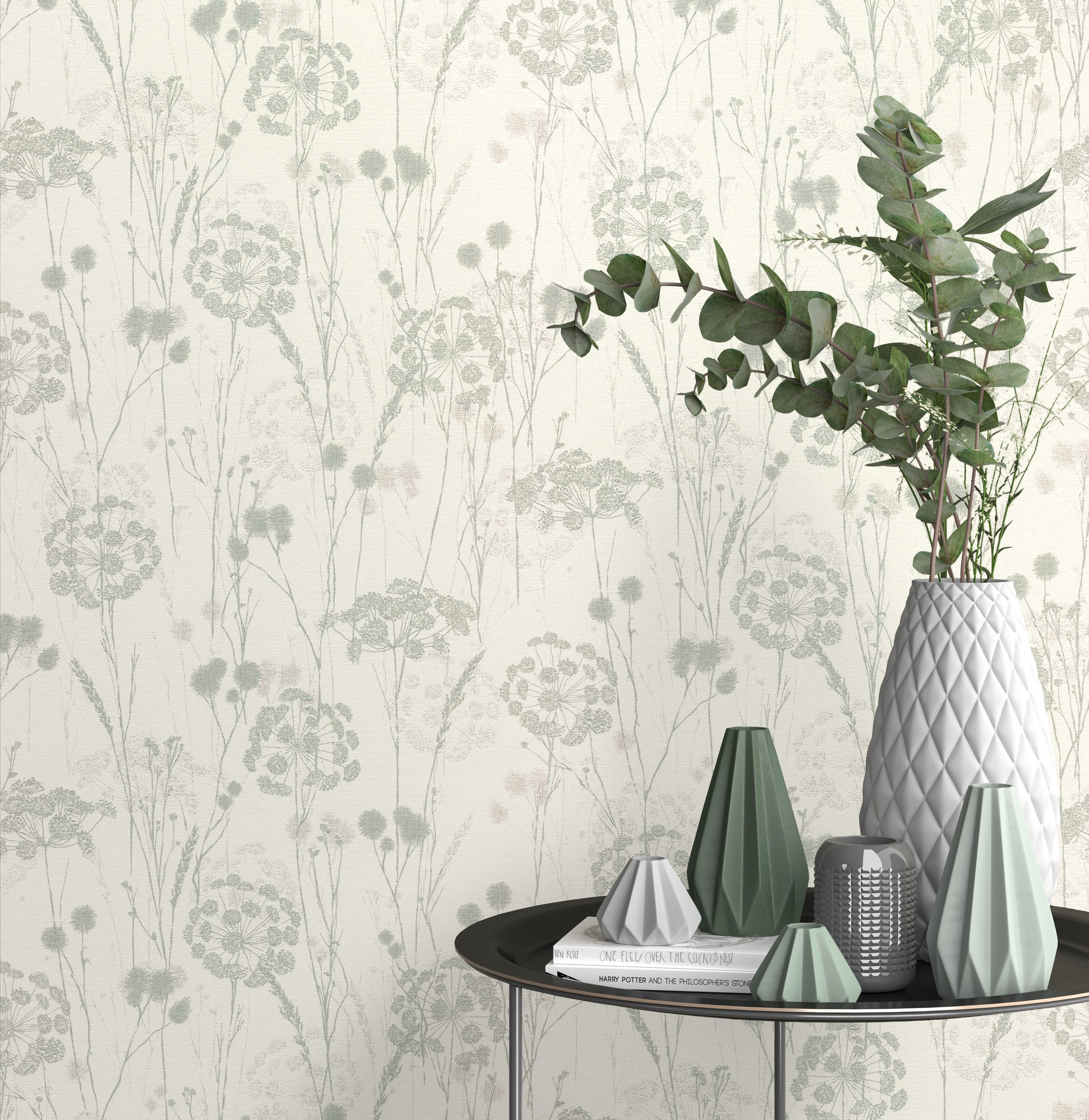 Rasch Vliestapete mit Gräsern und Strukturmuster in Grün - my moments, strukturiert, floral, natürlich, matt, gemustert, botanisch, geblümt, (1 St), Naturmotiv