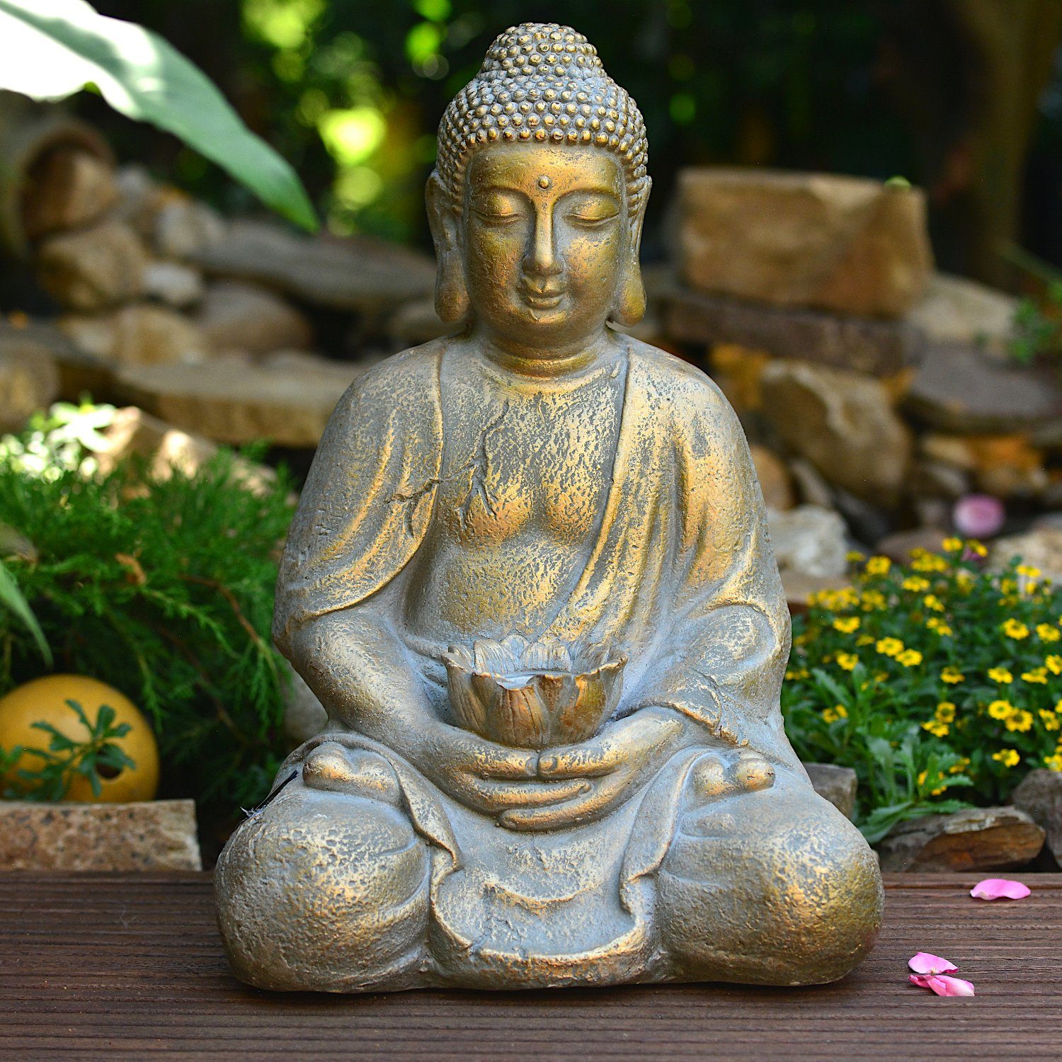 INtrenDU Gartenfigur »Garten Buddha Figur 44cm mit Solarbeleuchtung und