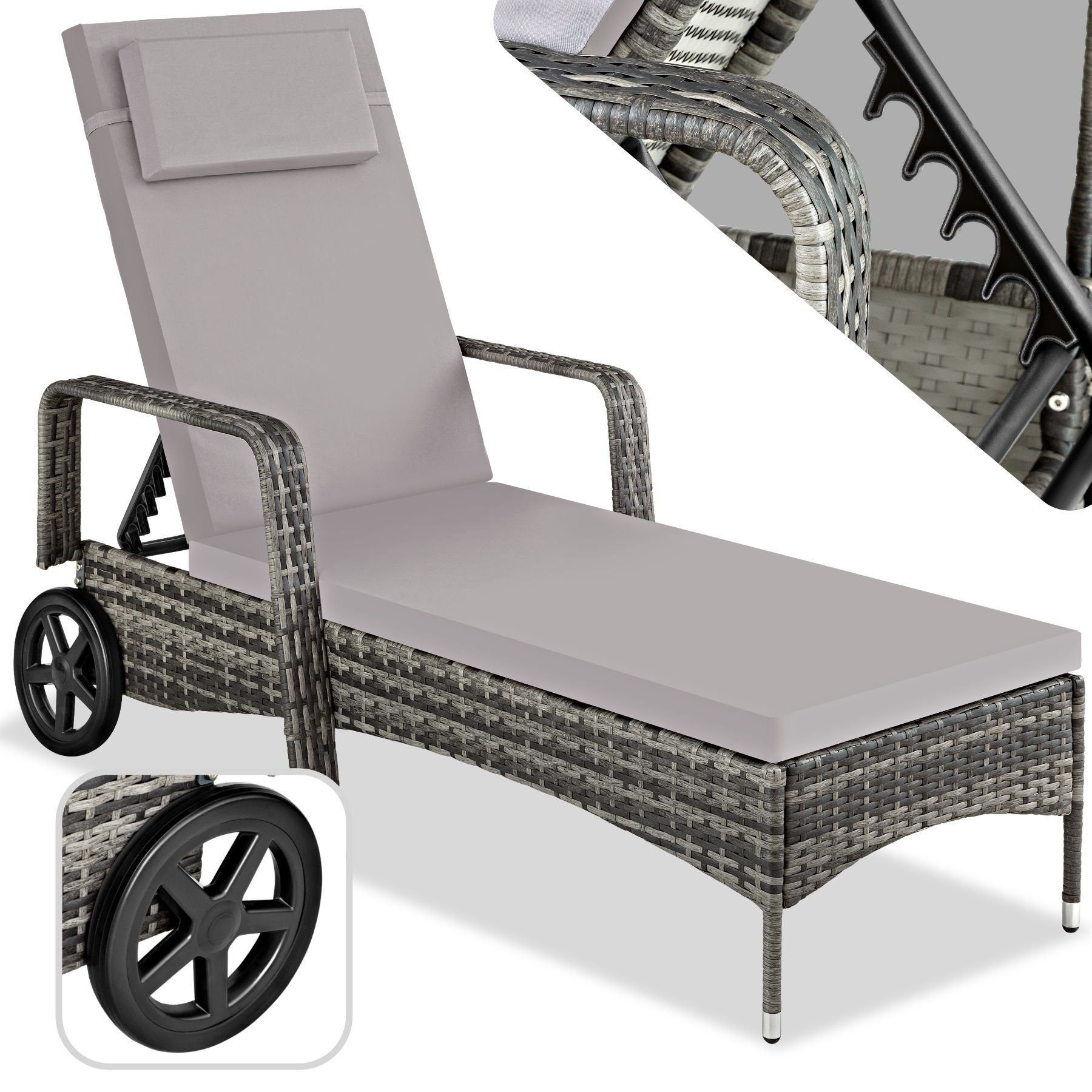 tectake Gartenliege Rattan Sonnenliege, abnehmbares Kopfpolster, 196 x 72 x 57 - 94,5 cm, Balkonliege Cassis, 1 St., für Außen in Grau, wetterfest und UV-beständig, verstellbare Rückenlehne, mit Rädern