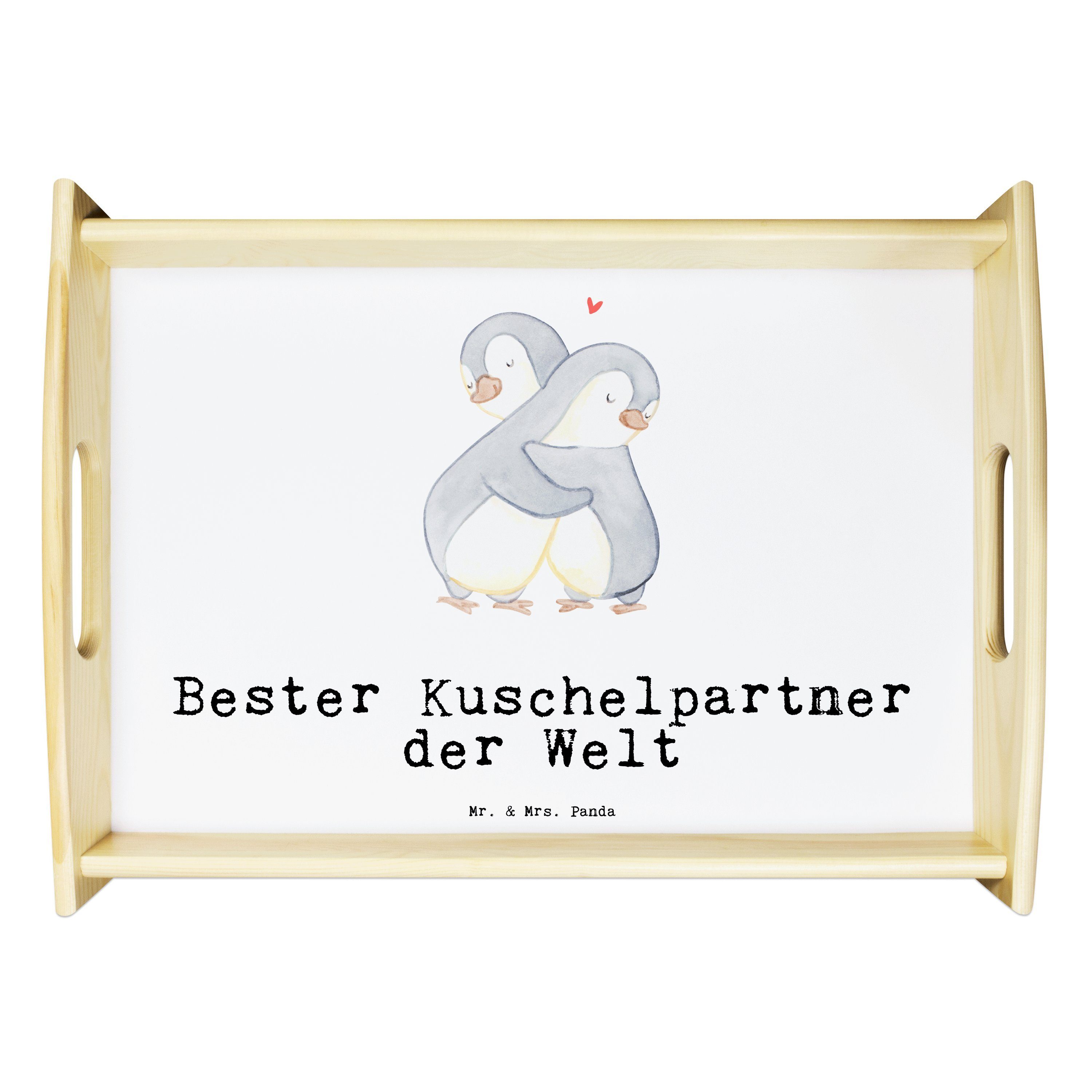 Mr. & Mrs. Panda Tablett Pinguin Bester Kuschelpartner der Welt - Weiß - Geschenk, Holztablett, Echtholz lasiert, (1-tlg)