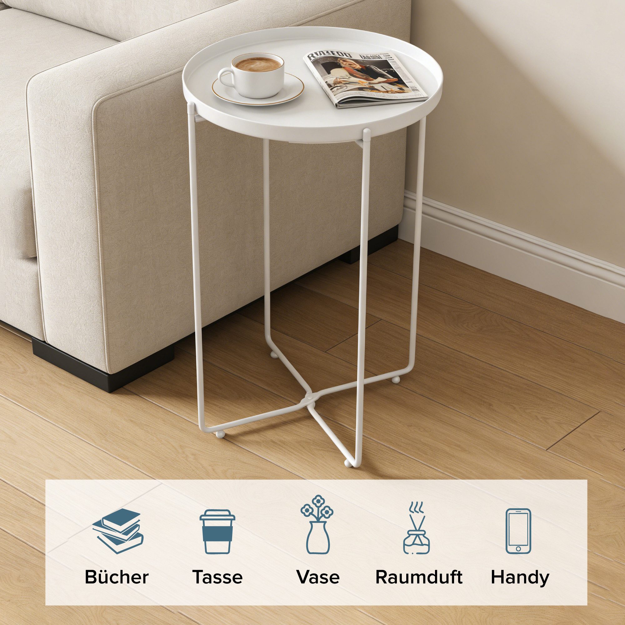 doporro Beistelltisch Couchtisch kleiner Tisch mit 1/2 geflochtenen Ablagen rund Reglo-08, Zwei Materialien zur Auswahl – Bild 4 von 5