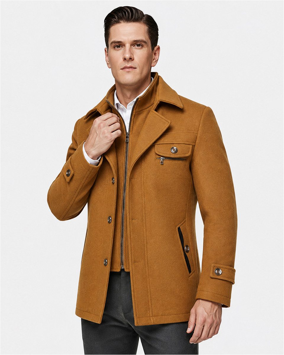 Allthemen Kurzmantel mit abnehmbarem Doppelkragen Wintermantel Herren vintage Wollmantel