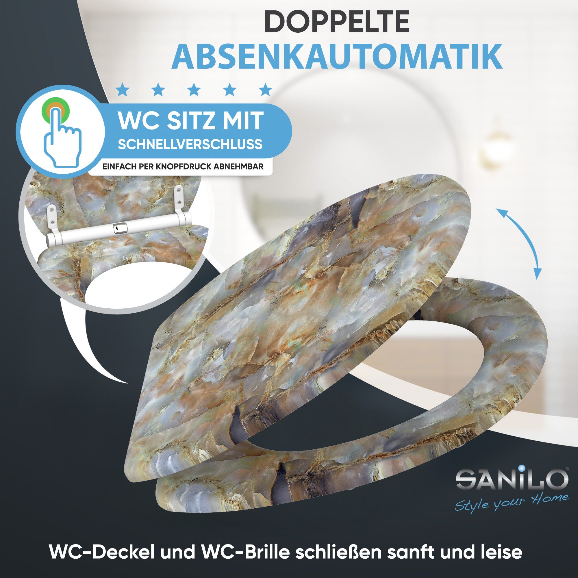 Sanilo WC-Sitz Marmor Braun mit Absenkautomatik & Quick Release, Premium Toilettendeckel, abnehmbar, leichte Montage von oben