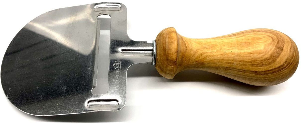Olivenholz-erleben Käsehobel aus Edelstahl mit Olivenholzgriff, Edelstahl, (1-St), gedrechselter Griff, ideal für Schnitt- und Hartkäse, Schokolade