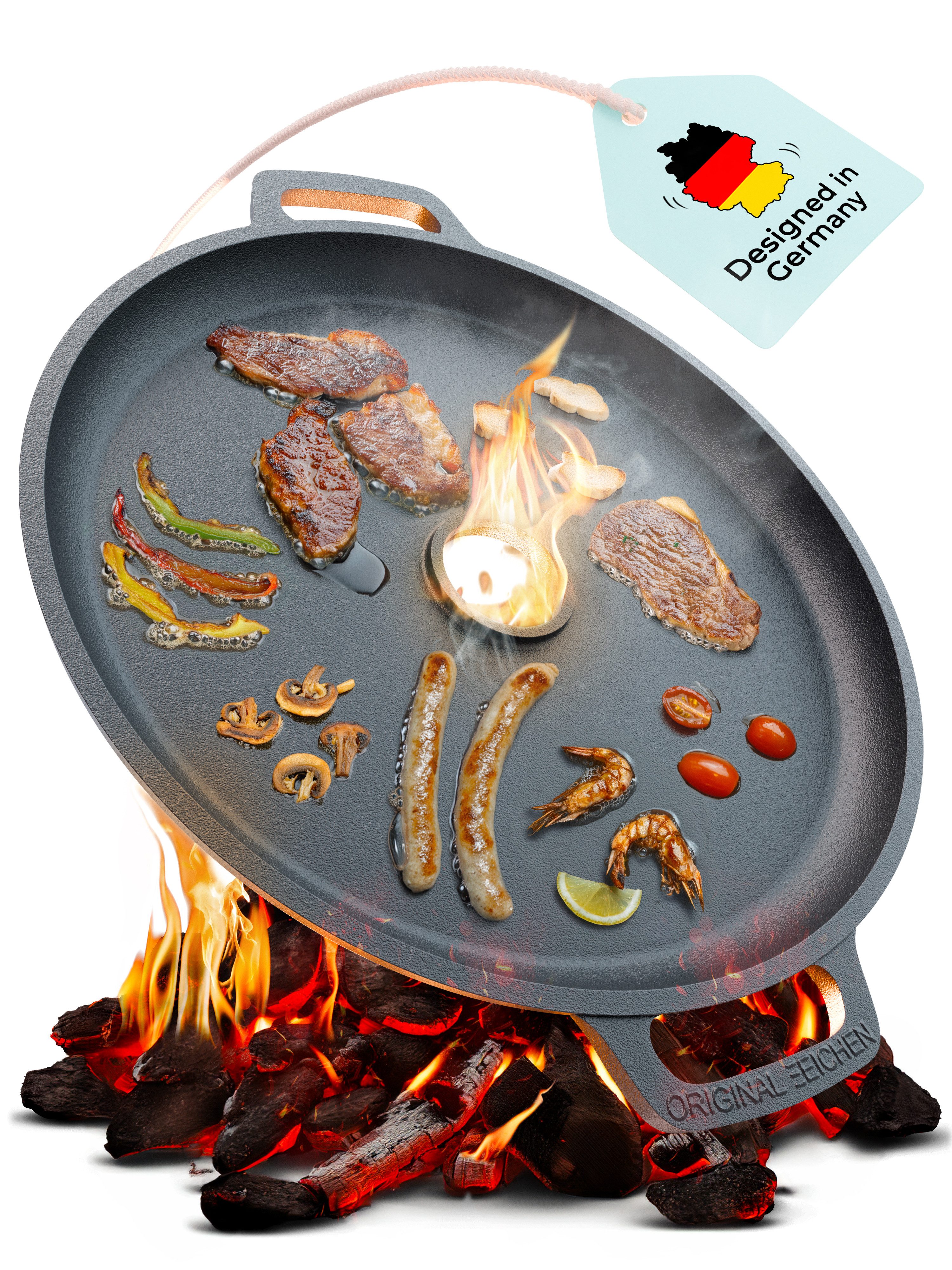 Drei Eichen Grillplatte Feuerplatte aus Gusseisen mit Tropfschutz. Ø35cm. Plancha Raketenofen (Stück, 1x Plancha Grillplatte aus Gusseisen Ø 35 cm, Stärke 5 mm Loch Ø 4 cm), Aufsatz / Plancha Grillplatte aus Gusseisen, rund Ø 35 cm, Stärke 5 mm