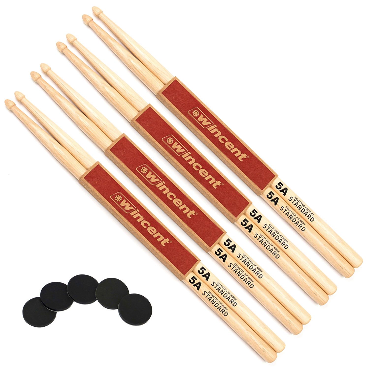 Wincent Schlagzeug Wincent 5A Schlagzeugstöcke 4 Paar mit Damper Pads,4 Paar, natur, mit Damper-Pads