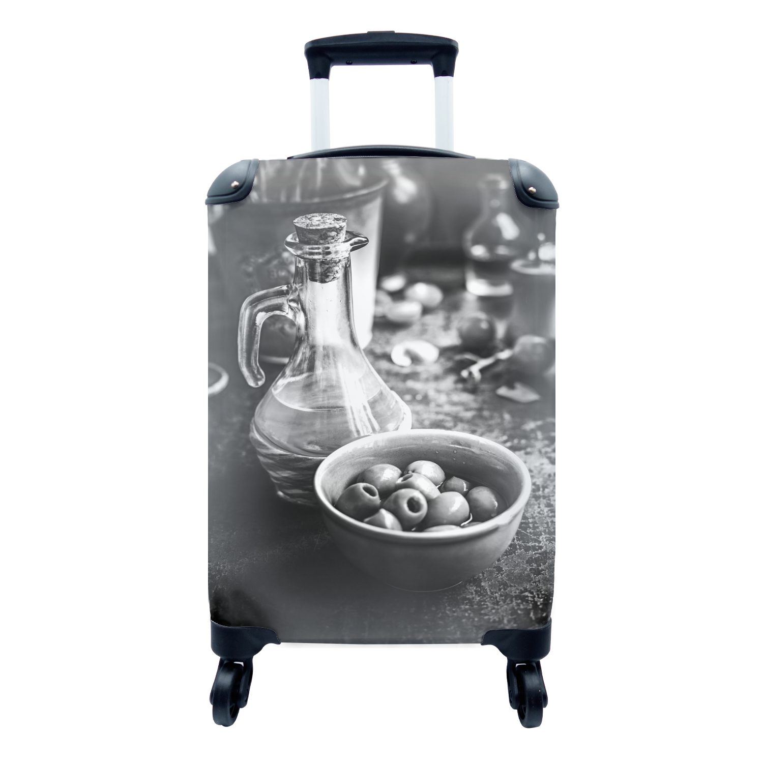 MuchoWow Handgepäckkoffer Oliven in einer Glasflasche Handgepäck Schale für eine - Reisetasche Ferien, Öl 4 Trolley, und Rollen, mit mit schwarz und weiß, Reisekoffer rollen