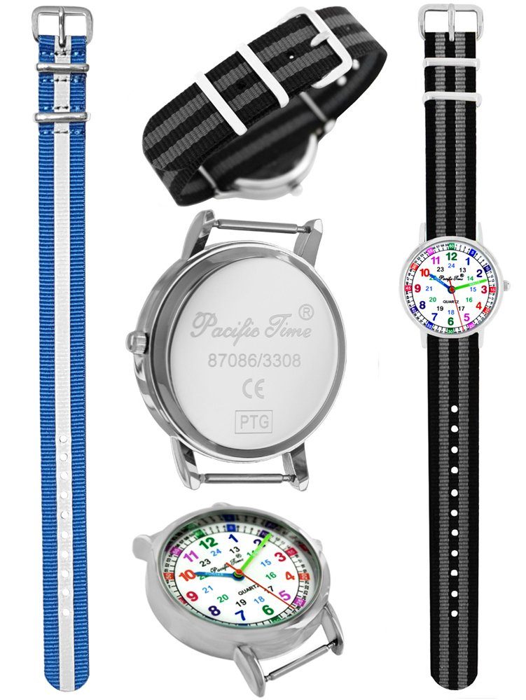 Kinder Kids (Gr. 92 - 146) Pacific Time Quarzuhr Kinderuhr Armbanduhr Jungen Lernuhr Wechselarmband + blau reflektierend, blau r