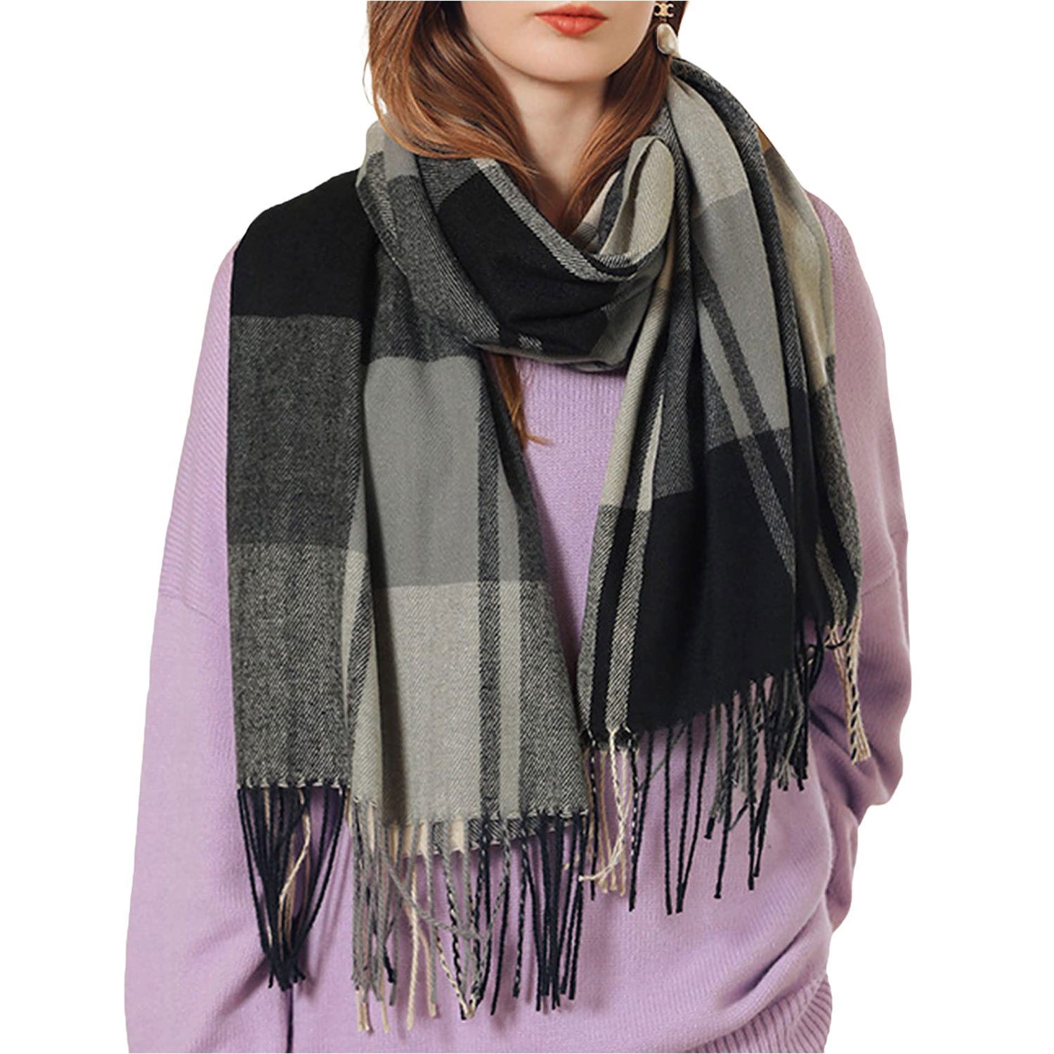 Refttenw Halstuch Damen Winter Kariert Winterschal,Damenschal Mit Quasten,Poncho
