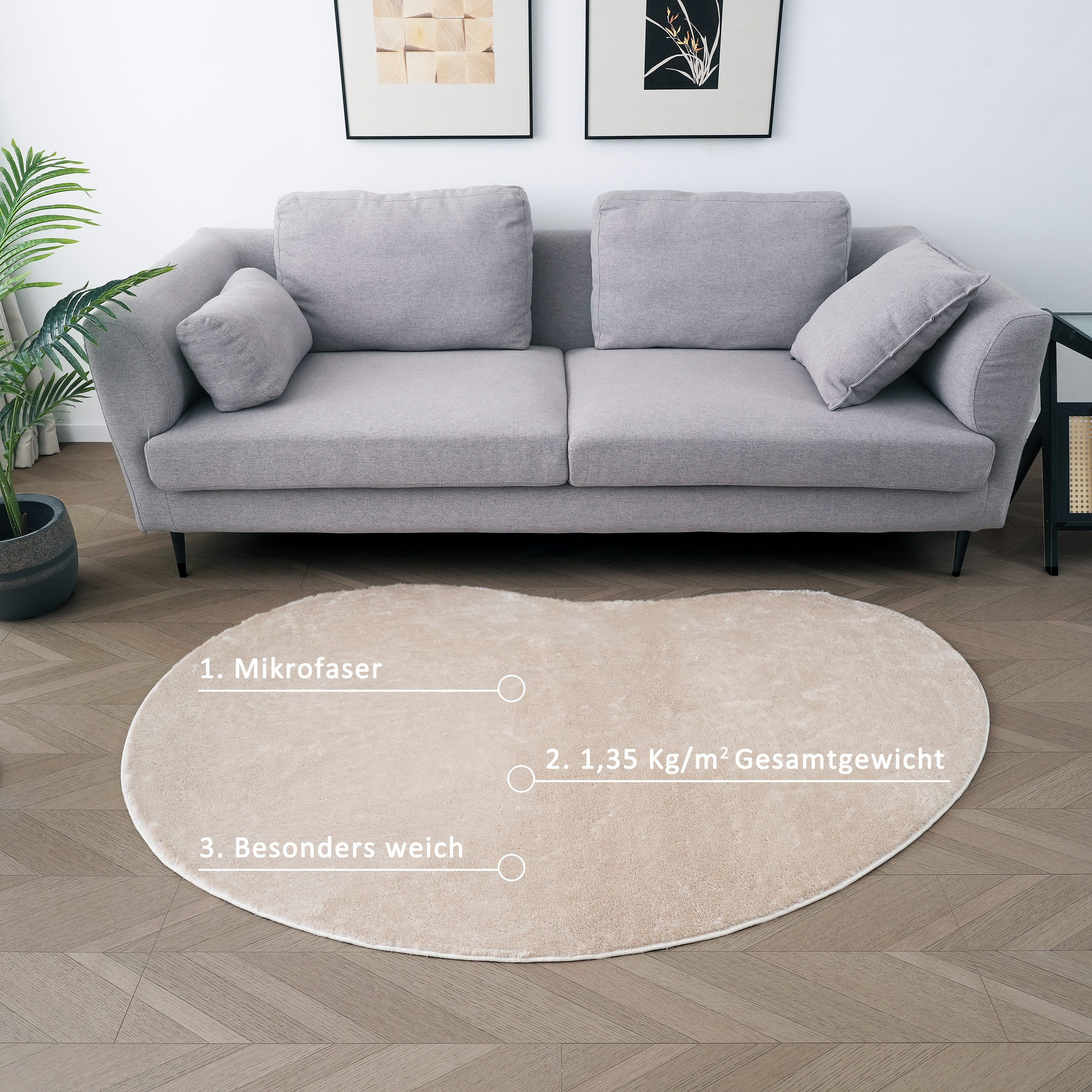 OTTO home Teppich Cali Bean, U-förmig, Höhe: 16 mm, besondere Form, Uni, weich, waschbar, Wohnzimmer, Schlafzimmer