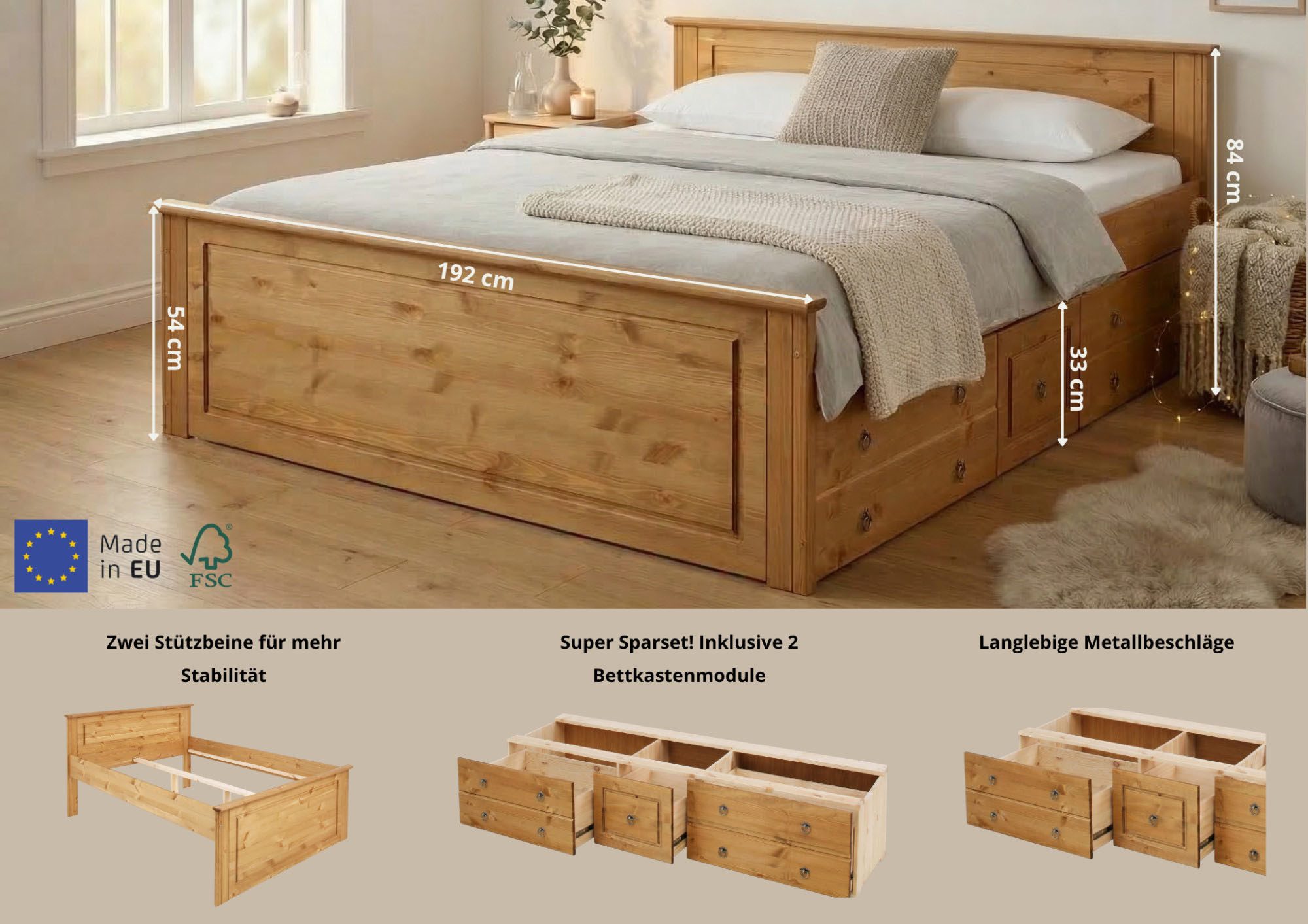 OTTO home Massivholzbett Hugo, FSC® zertifiziert, Landhausstil, zeitlos und edel (auch als Super Sparset inklusive Schubkästen), Stauraumbett, extra belastbar, Made in EU, viele Breiten