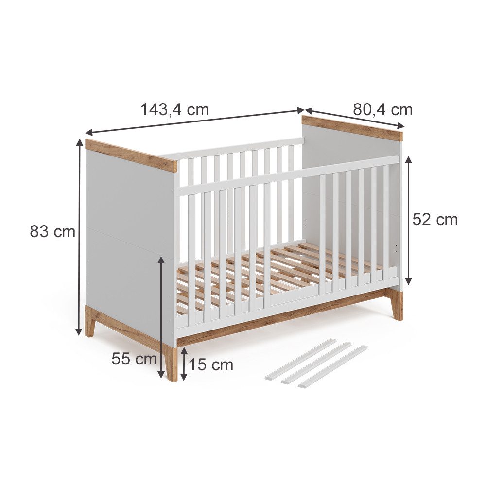 VitaliSpa® Babybett Malia, Weiß/Artisan, 70x140 cm mit Matratze, 2-tlg.