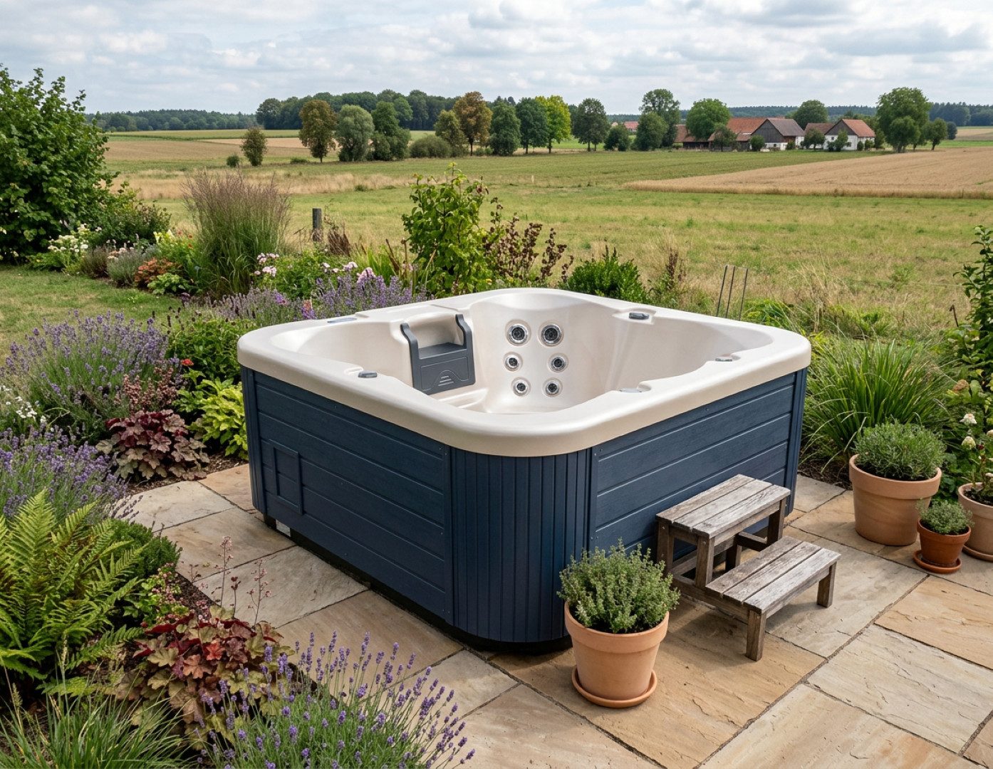 SPA Kompagniet Whirlpool Scandinavic Wood Art "Hawaii" Outdoor Whirlpool 5P Edelstahl-Düsen, Aufstellbecken, (Komplett mit Thermo-Cover, 2 Filtern und Beleuchtung), 24 Massagedüsen mit Edelstahlkappen und LED-Therapielicht
