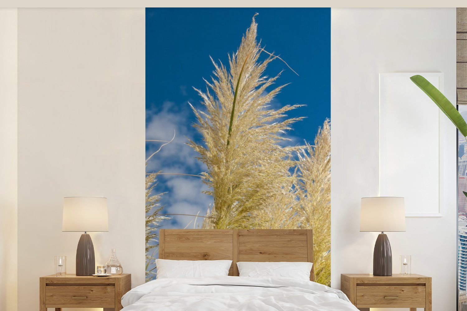 MuchoWow Fototapete Pflanzen - Pampasgras - Luft, Matt, bedruckt, (2 St), Vliestapete für Wohnzimmer Schlafzimmer Küche, Fototapete