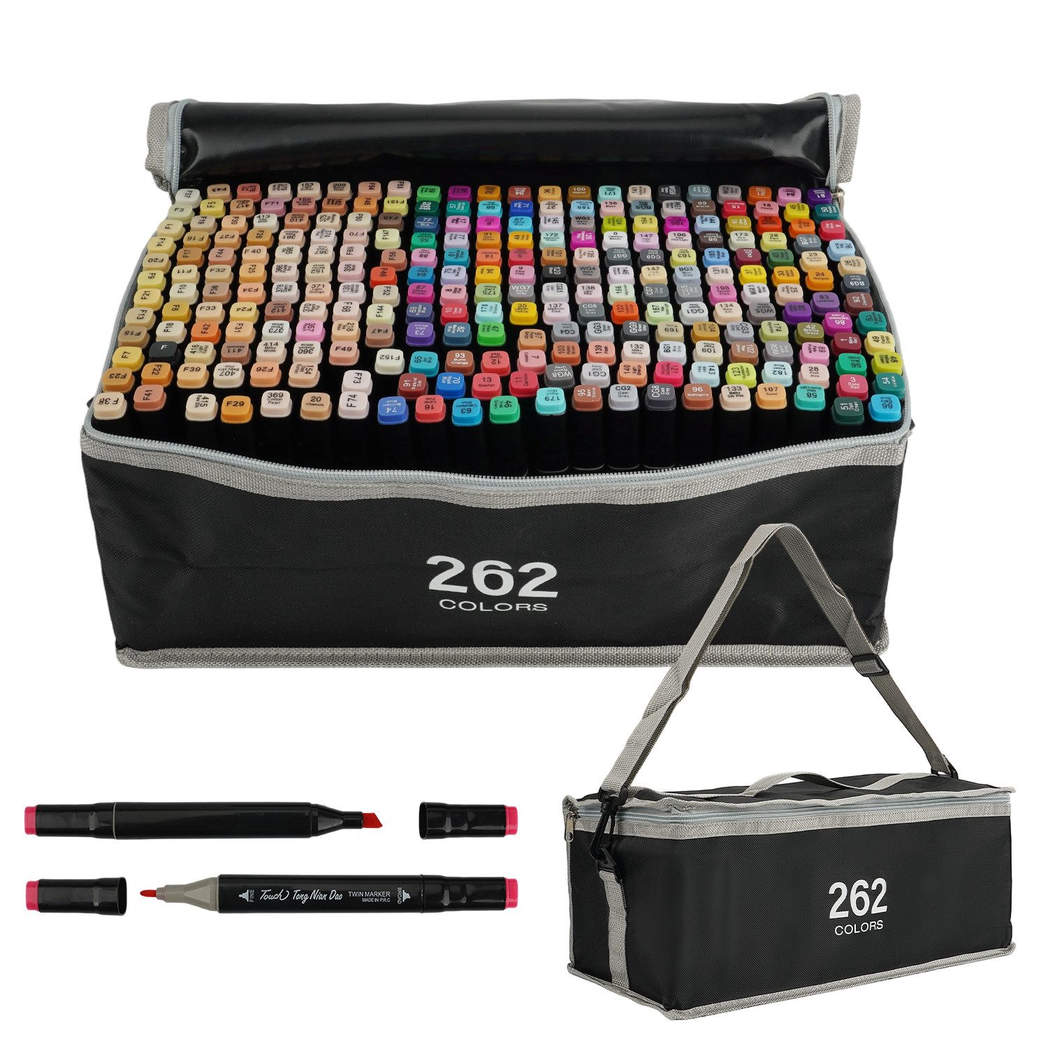 AKKEE Filzstift 204/262 Farben Filzstifte, Doppelte Spitze Permanent Marker Stifte Set, (262-tlg), mit Schwarzer Tragetasche und Abstandshalter für Malerei, Design