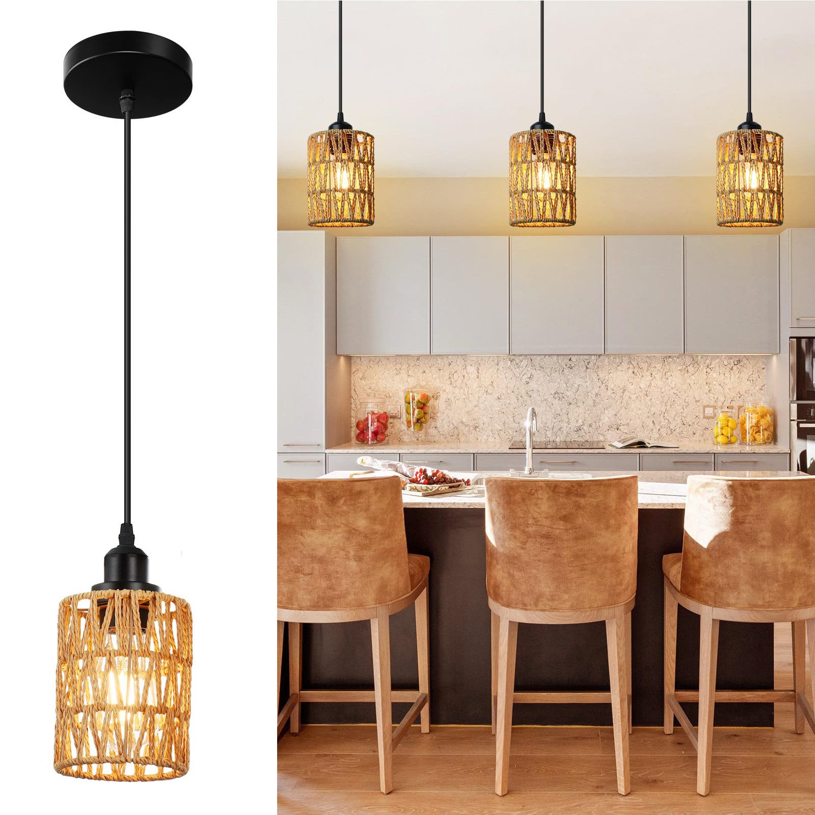 LMaxhome Pendelleuchte Hängeleuchte Rattan,Boho Pendelleuchte 3-flammig günstig online kaufen