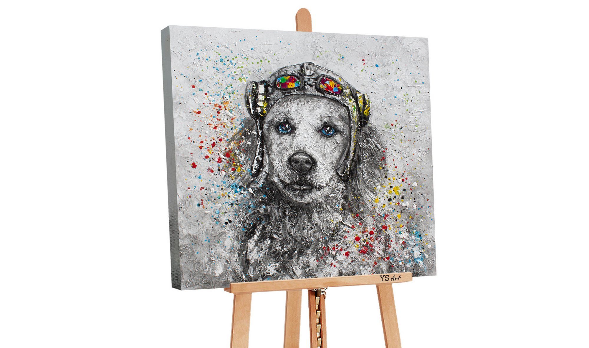 YS-Art Gemälde Pilot, Tiere, Leinwand Bild Handgemalt Labrador Fliegerhut Brille