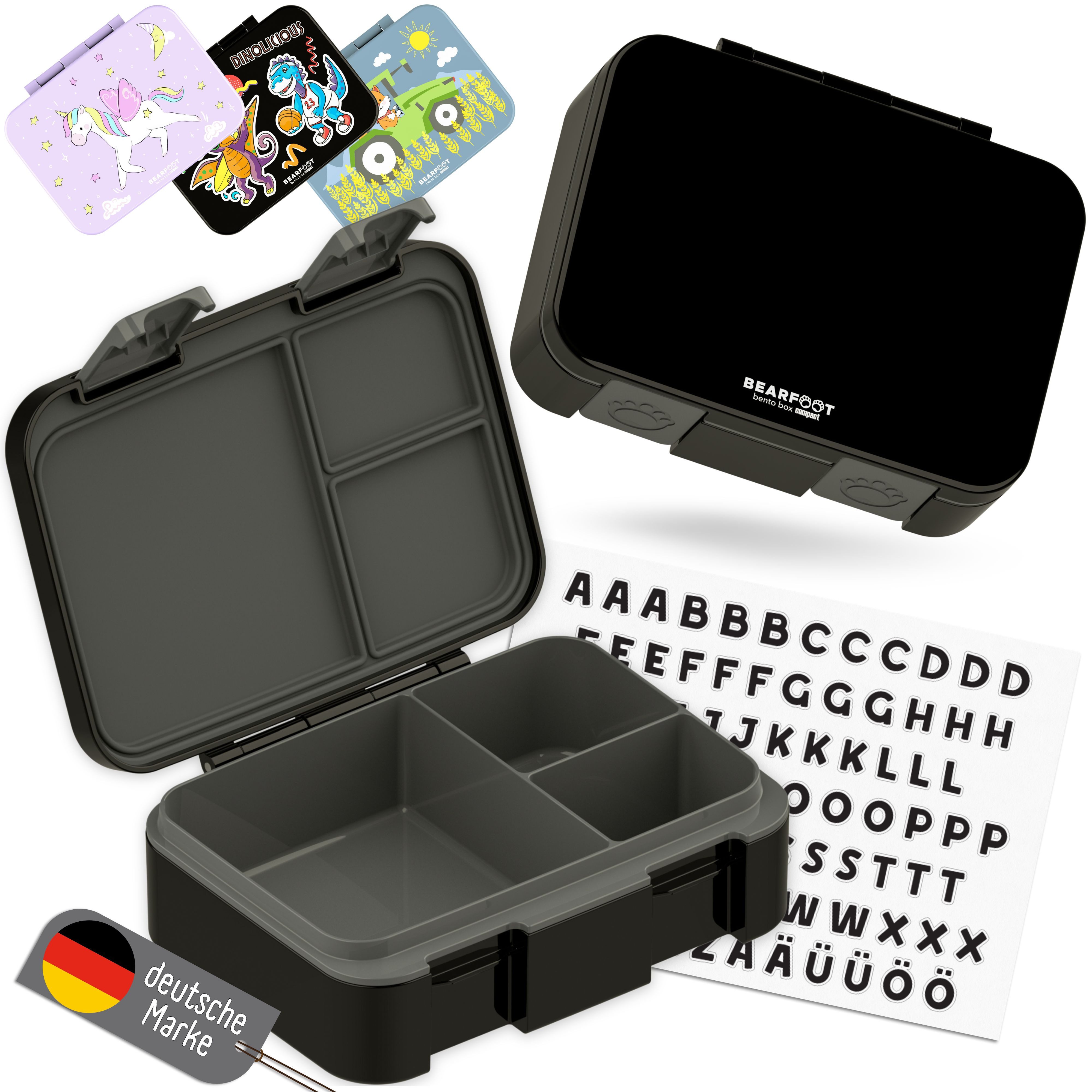 BEARFOOT Lunchbox Brotdose mit Fächern, leicht & auslaufsicher - schwarz, PP, ABS, Silikon, Kindergarten und Schule - Mädchen und Jungen, Vesperbox, Snackbox