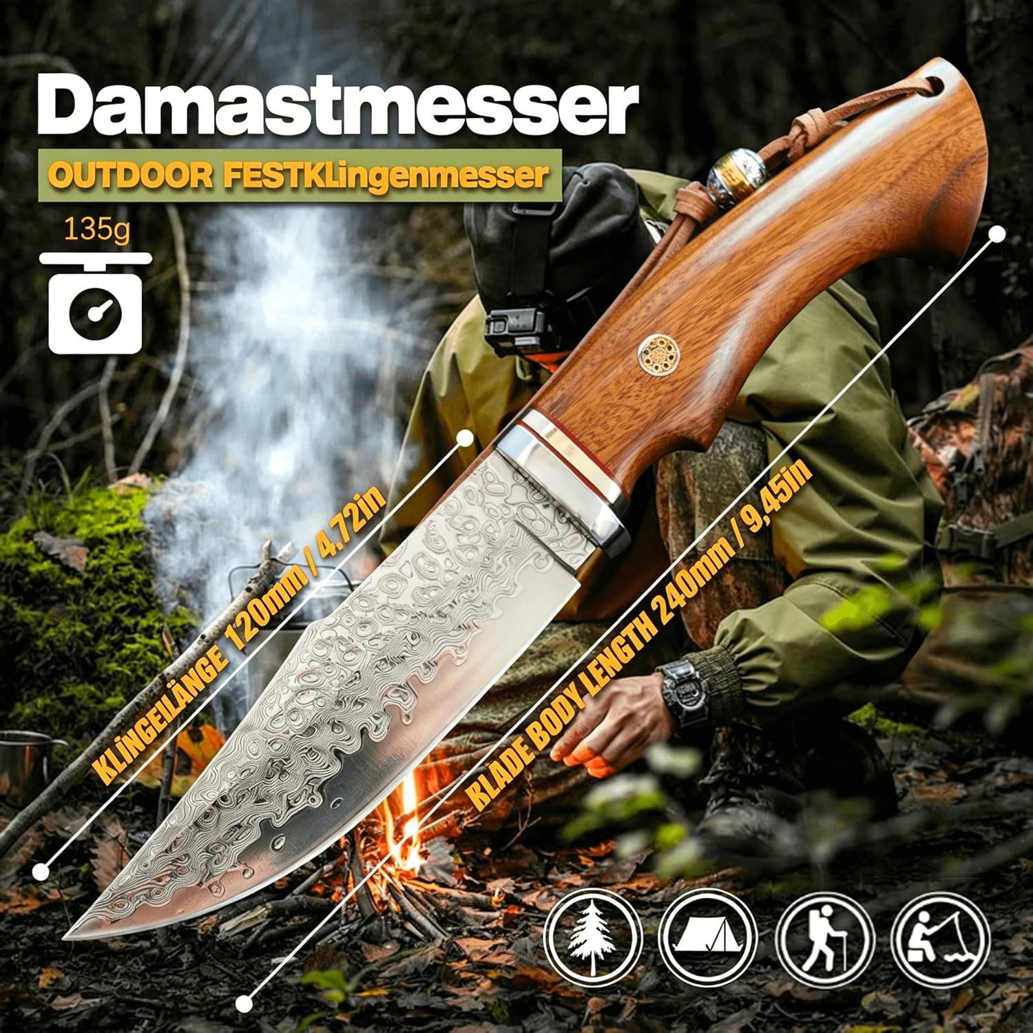 KingLux Damastmesser Damast Feststehend Jagdmesser Outdoor Camping Messer mit Lederscheide
