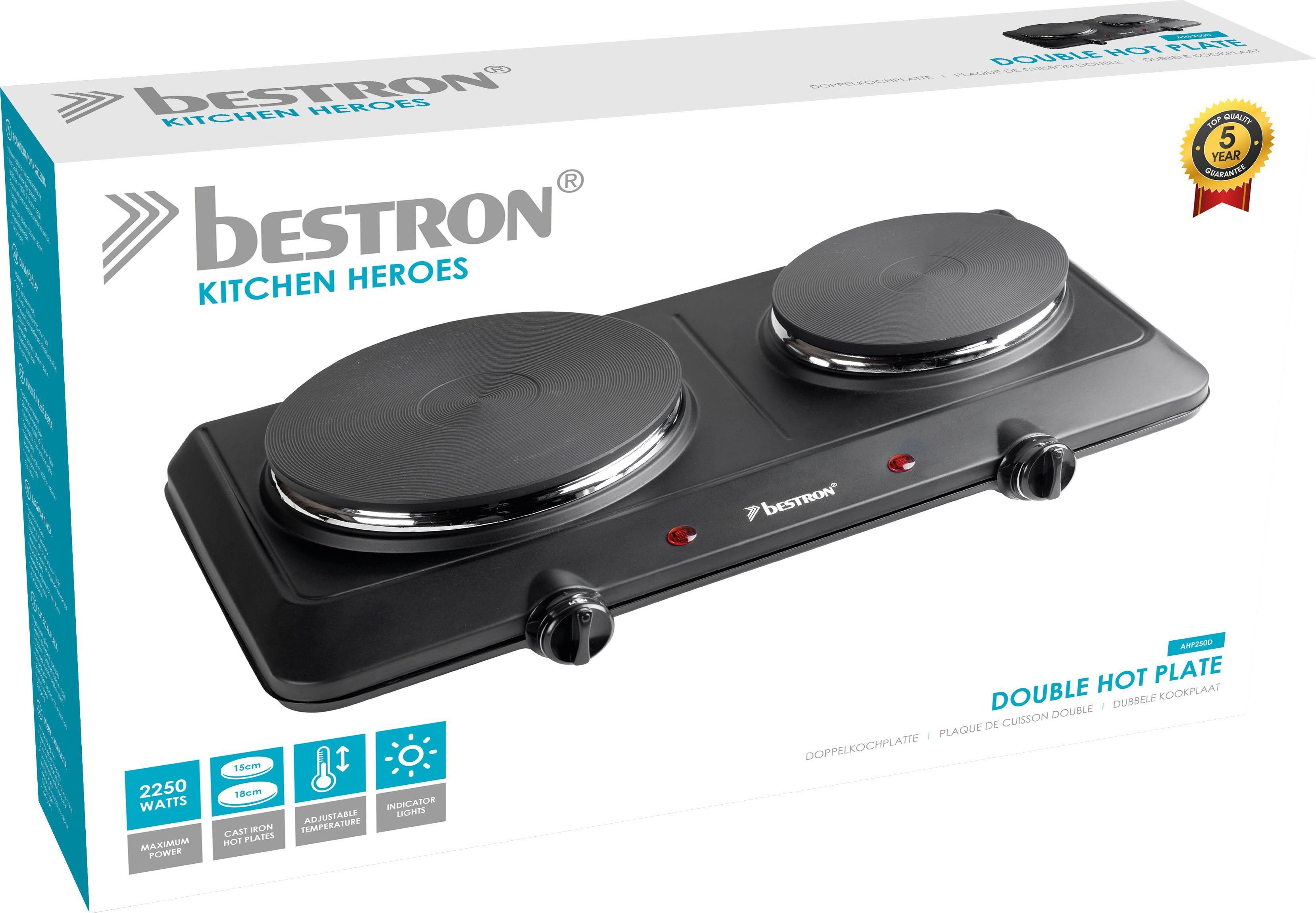 18/15 AHP250 Watt, Ø Doppelkochplatte Gusseisen, aus Kitchen Heroes, Schwarz bestron 2250 cm,