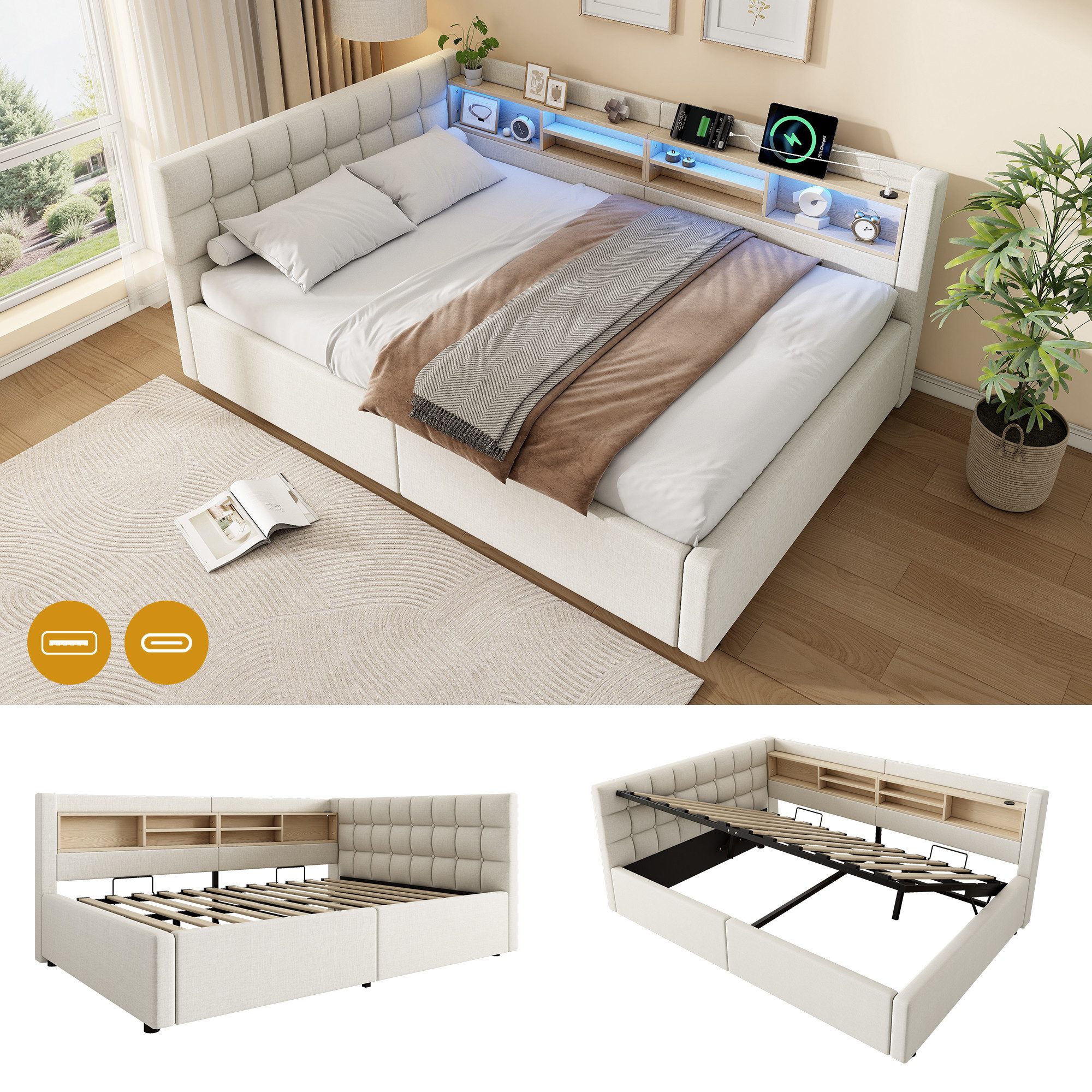 Flieks Daybett, Polsterbett Schlafsofa 140x200cm mit Hydraulik, LED-Leiste, Aufladen