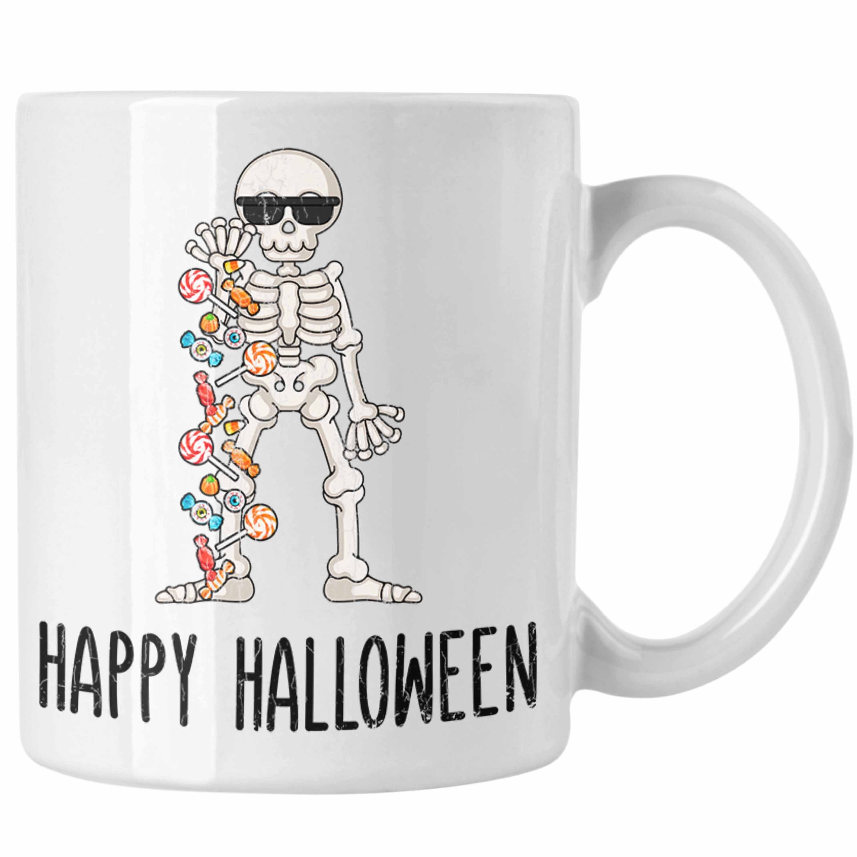 Trendation Tasse Halloween Tasse Kürbis Dekoration Becher Happy Halloween Skelet Weiss