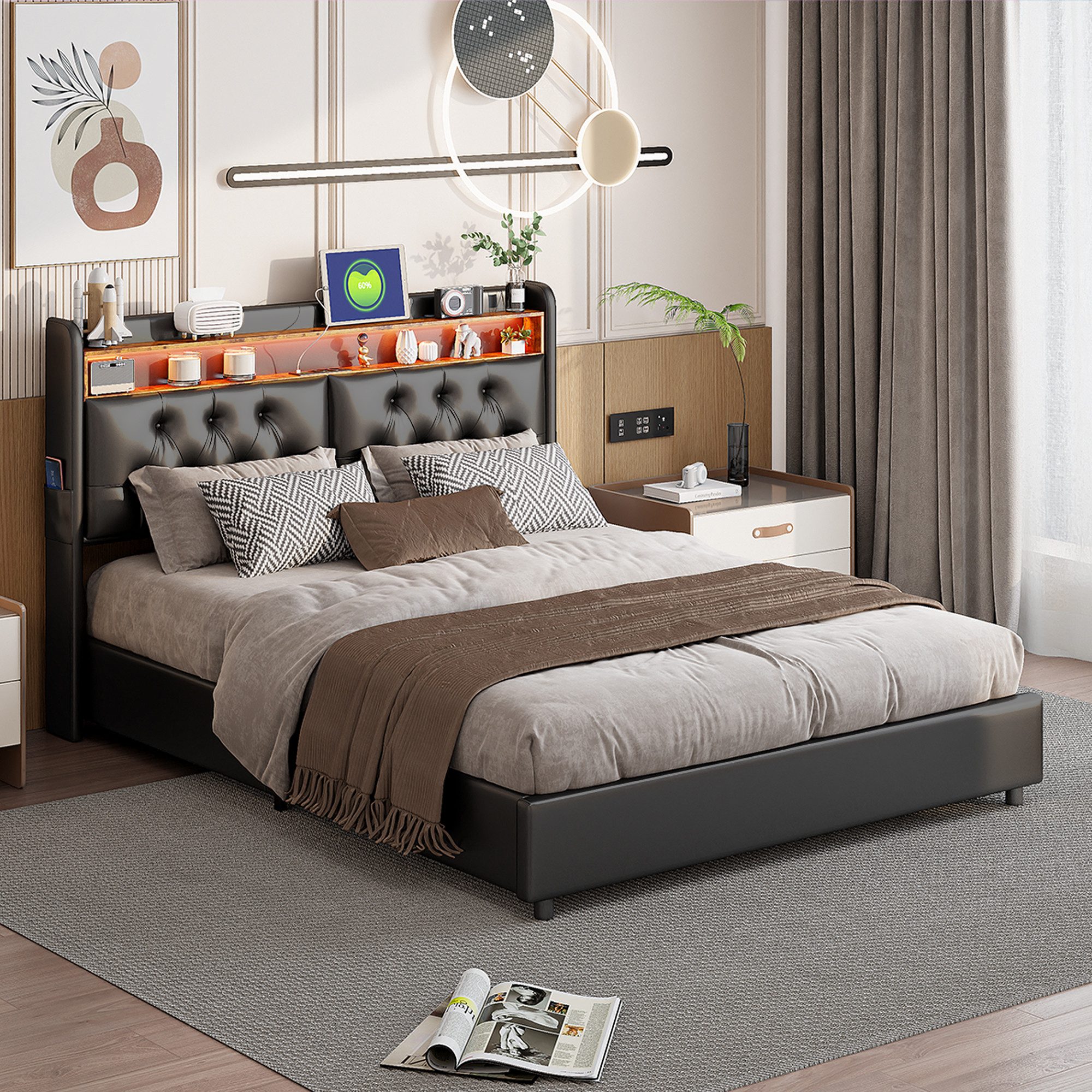 PXloue Stauraumbett LED Doppelbett, 180x200 mit bettkasten, USB-Laden und S günstig online kaufen