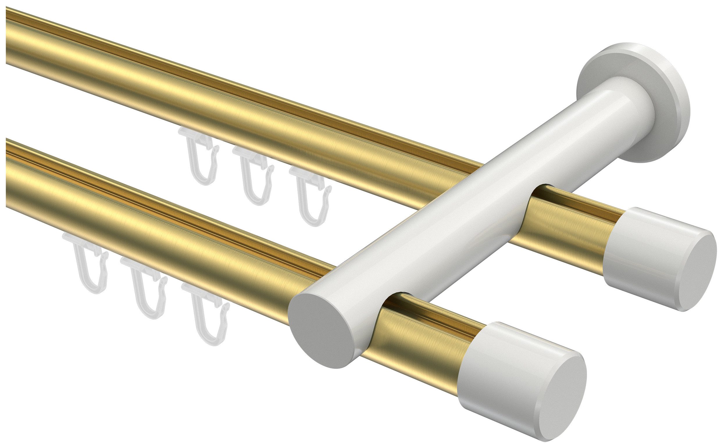 INTERDECO Gardinenstange Platon Santo, Ø 20 mm, 2-läufig, Fixmaß, kürzbar, Wandmontage, Aluminium, Messing-Optik / Weiß / Bicolor