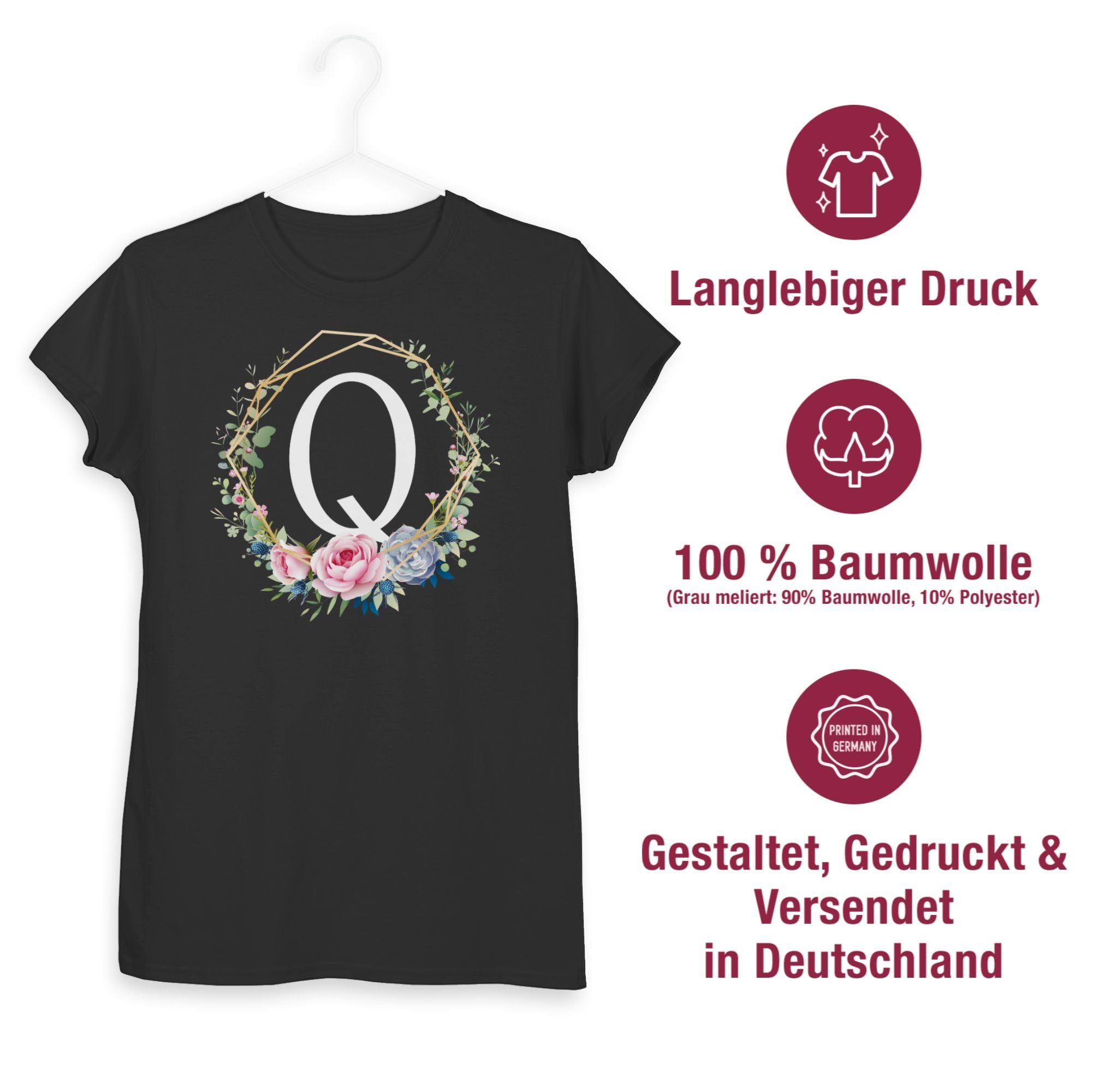 Damen Shirts Shirtracer T-Shirt Blumenkranz mit Buchstabe Q - Buchstaben Initialen Geschenk - Damen Premium T-Shirt (1-tlg) Mono